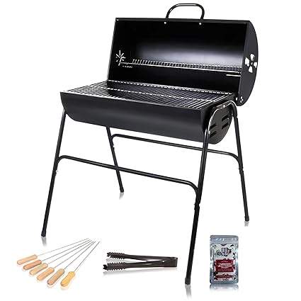 Peng Essentials GrillBeat Drum Barbeque Grill set for Home | Large Cooking Area, Easy Assemble, Additional Warming Rack | Charcoal Griller BBQ With 5 Wooden Skewers, 1 Tong & 2 Pack of Spices, Cover