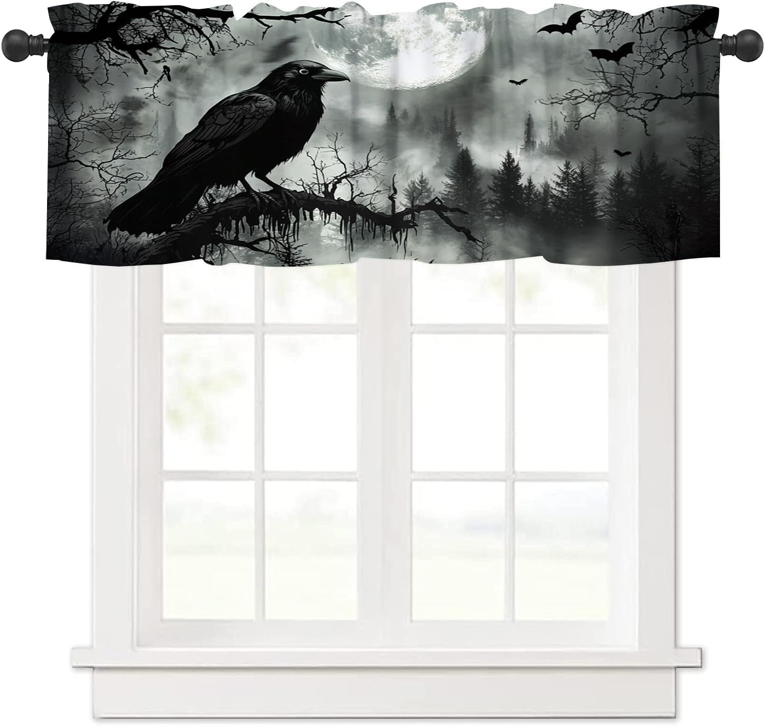 Crow Valance Curtain Gothic Dark Foggy Forest World Moon Mist Bats Crows Print Window Treatment for Kids Boys Teens Living Room Bedroom 54x18In