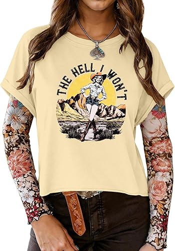 TAKEYAL Womens Western Tops Cowgirl Grahpic Tshirts Cute Vintage Summer T Shirts with Roll-Up Cuff Sleeves 2026