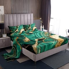 Erosebridal Gold Teal Marble Bed Sheets Set Queen Marbling Crack Print Sheet Set for Boys Man Abstract Metallic