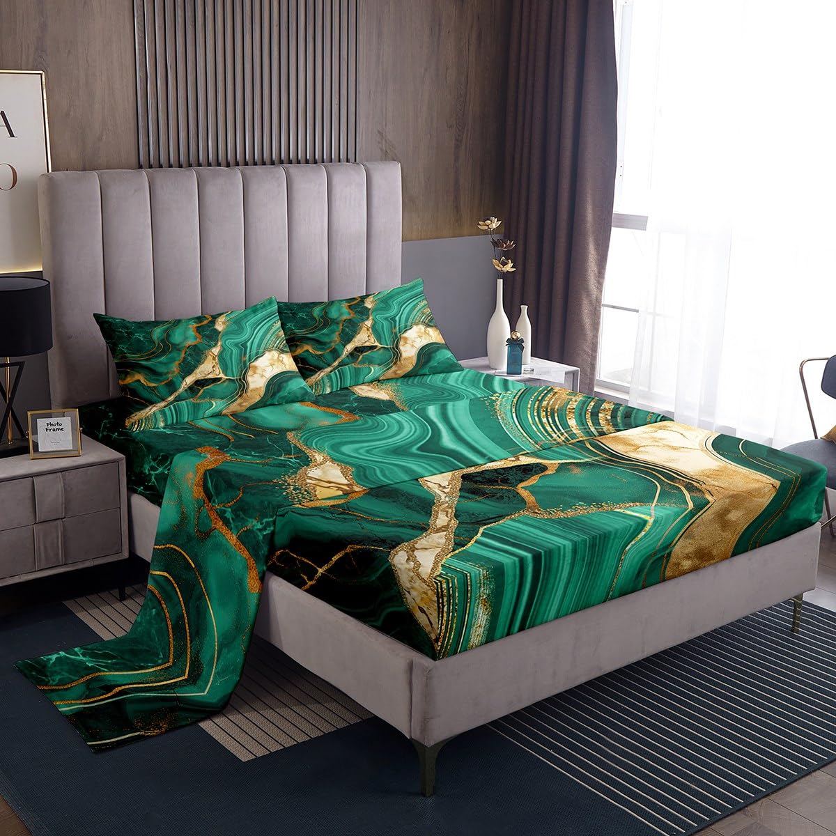 Erosebridal Gold Teal Marble Bed Sheets Set Queen Marbling Crack Print Sheet Set for Boys Man Abstract Metallic