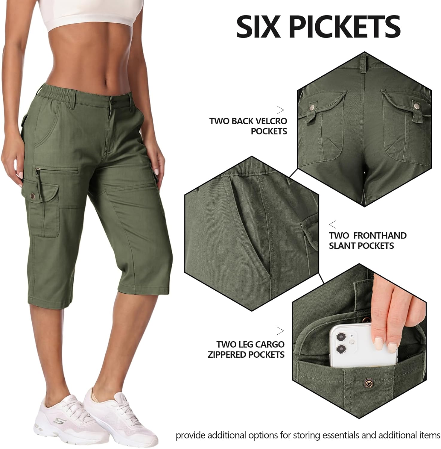 Cotton Capri Hiking Shorts Mid Rise Womens Cargo Shorts Casual Travel Outdoor Shorts with Multi-Pockets Elastic Waist