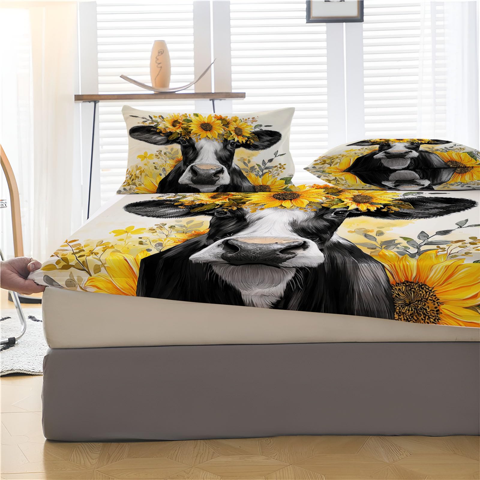 Juego De Sábanas Bajeras De Pintura Al Óleo Vaca, 200X190/200Cm Amarillo Claro, Microfibra Para Niños Niñas Adolescentes, Sábana Bajera Ajustable Elástica Suave, Estampado Girasoles Estilo Campestre