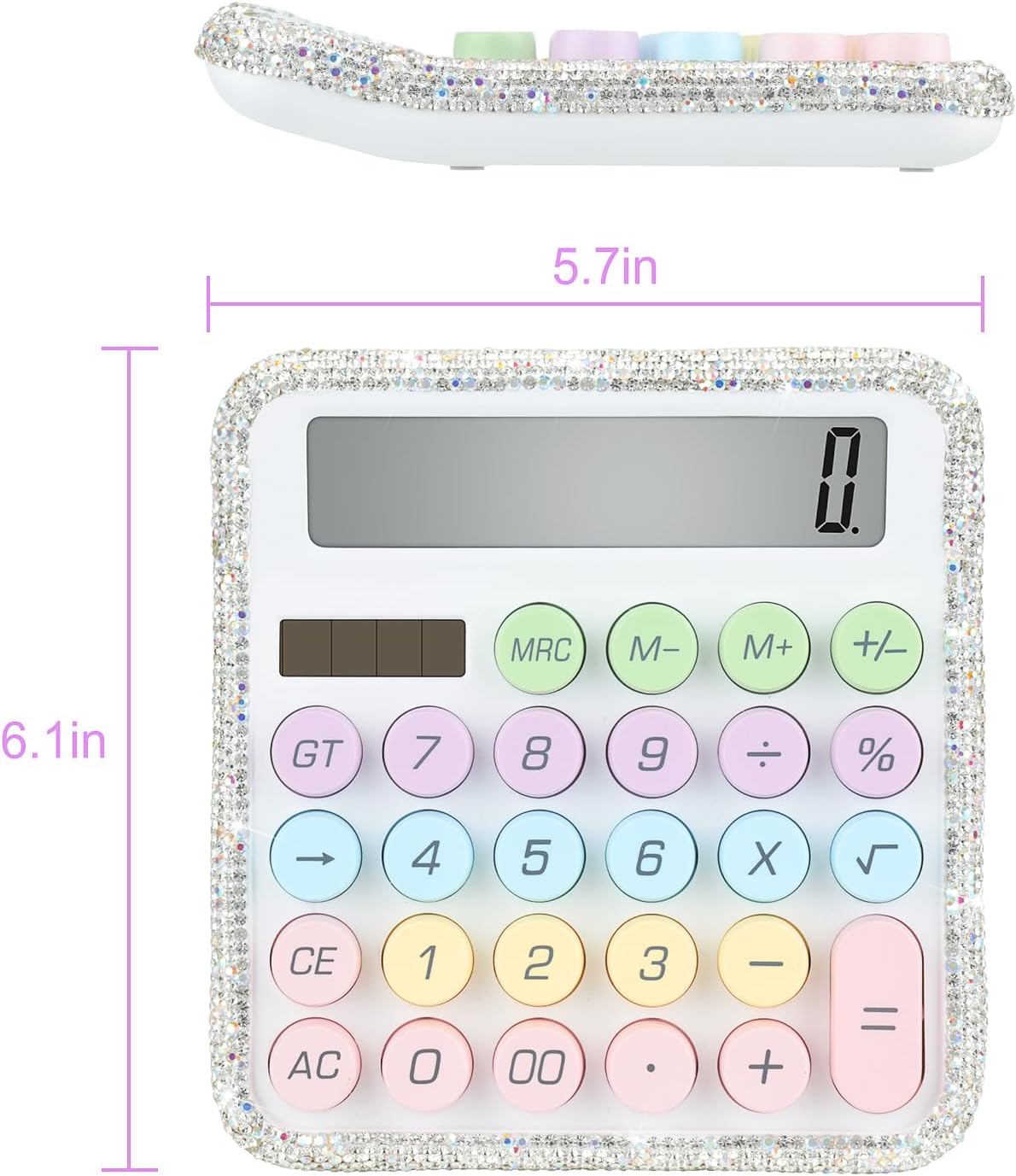 Bling Crystal Colorful Standard Calculator with 12 Digit Display and Big Buttons,Suitable for Office,School,Home & Business Use (White)