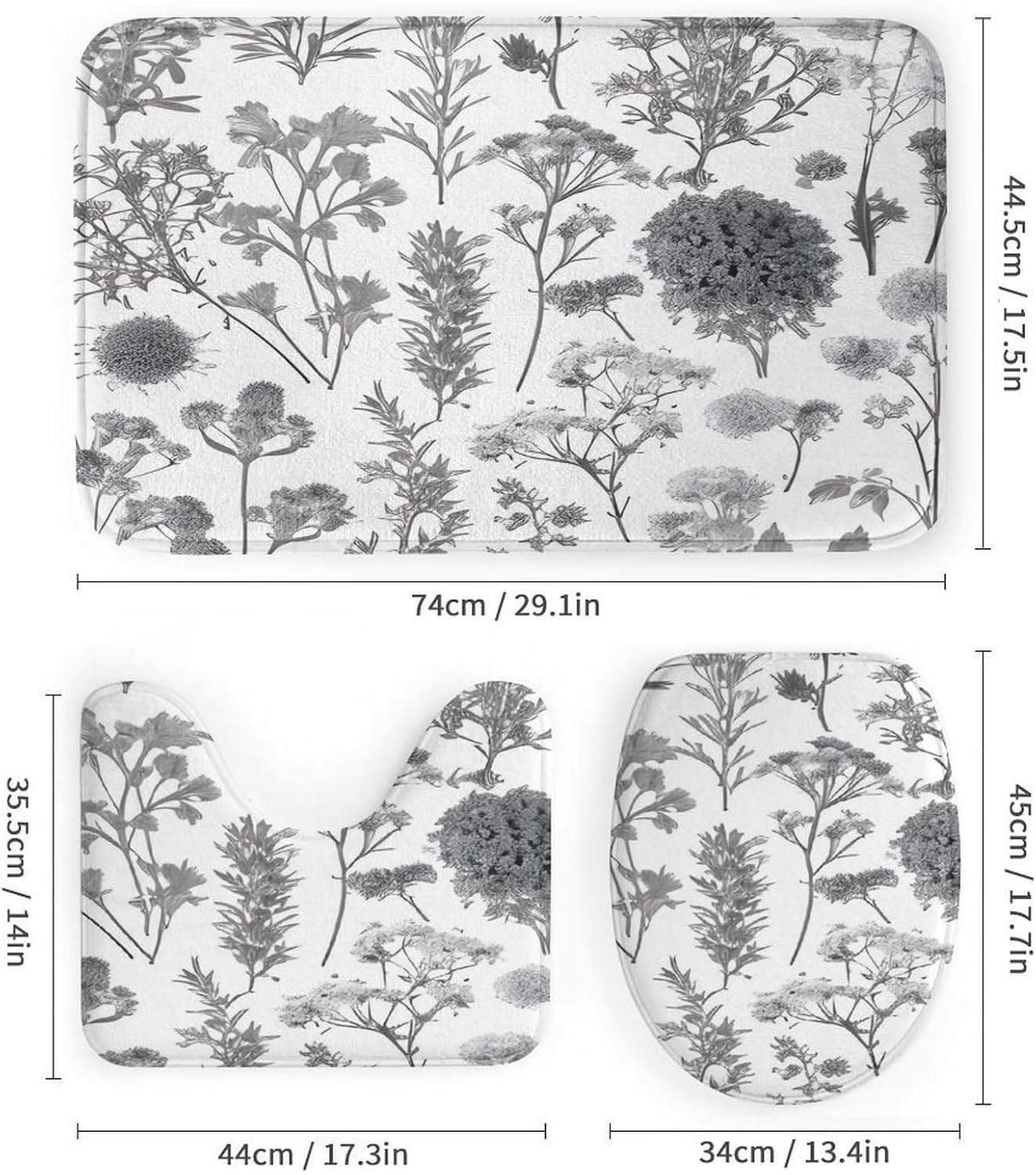 Flowering Herbs and Herbaceous Plants 4Pcs Shower Curtain Set with Non-Slip Rugs, Toilet Lid Cover and Bath Mat,Bathroom Set Decor Accessories,Curtain Set with 12 Hooks, 72 X 72 Inch