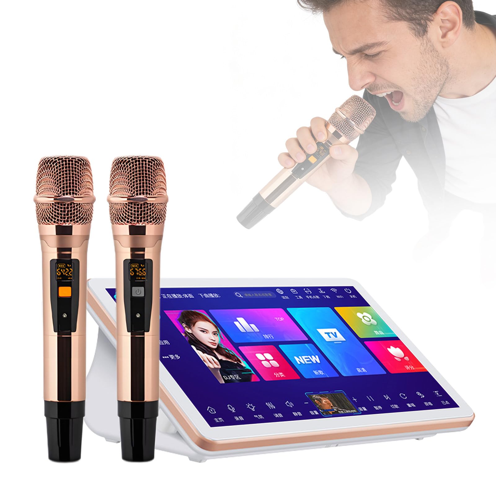 Sprzęt do karaoke, 18,5 cala, pojemnościowy ekran dotykowy, profesjonalny bezprzewodowy mikrofon z efektami, pobieranie utworów z aktualizacji chmury, domowe karaoke B-4T