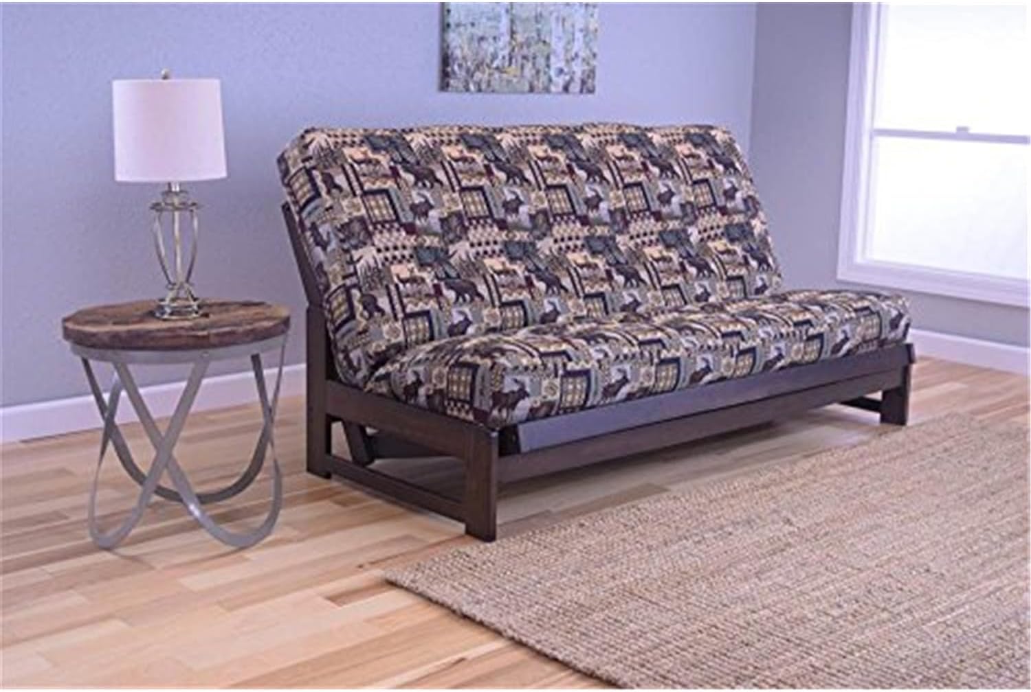 Maykoosh Bohemian Bliss Futon Frame, Mocha Finish with Peter's Cabin Mattress - 76" L x 31" D x 37" H, Converts to Full Size Bed, No Tools Needed