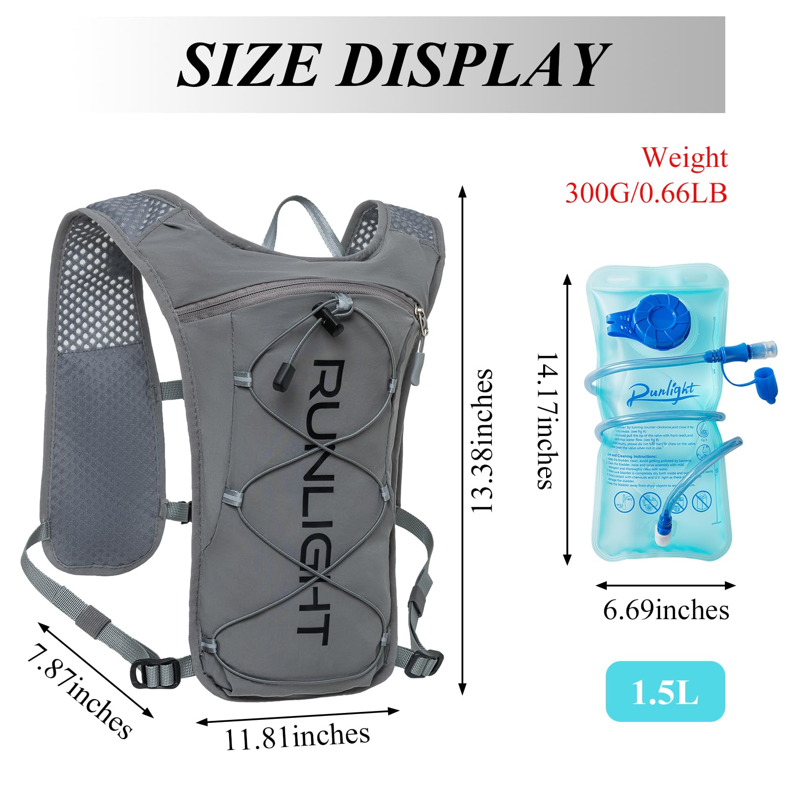 Runlight Gilet de course pour homme et femme - Sac à dos d'hydratation léger avec poche d'eau de 1,5 l - Sac à dos hydro pour la randonnée, le sentier, le ski, le camping, le cyclisme, la course, le