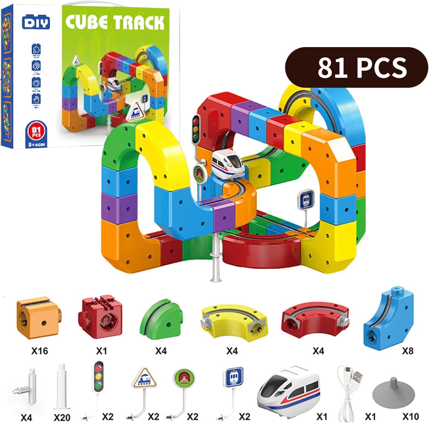 xinrongda Set da 81 pezzi Clickrail Electric Train Set di circuiti flessibili, fai da te a cubo con layout 3D di gravità, ferrovia magnetica & Magic Rail Block, regalo giocattolo per bambini