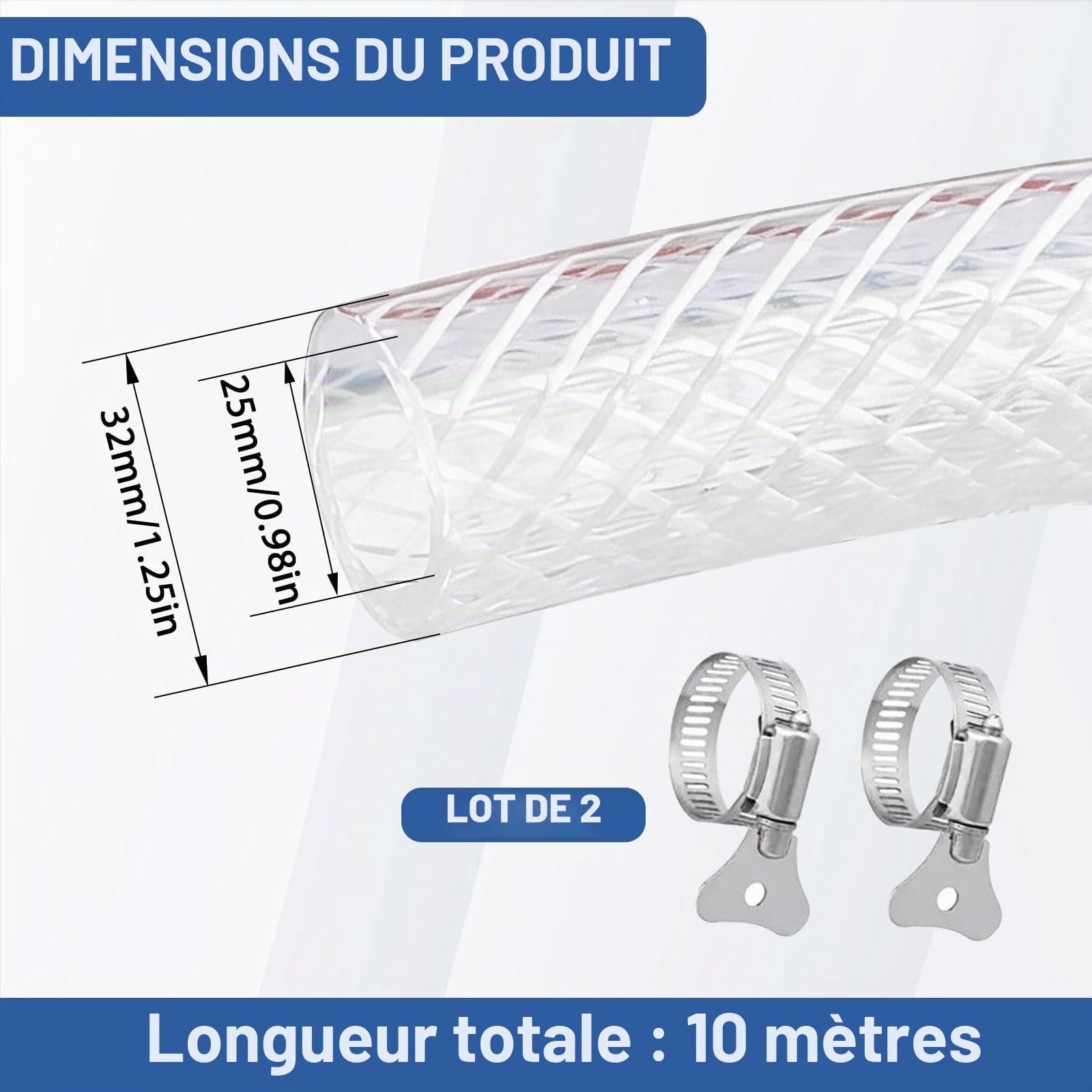 Tuyau tissé en PVC tressé - 25 x 32 mm - 3/6/10 m - Transparent - Haute pression - Flexible - Pour eau, gaz, huile, air, air comprimé (25 mm x 32 mm, 10)