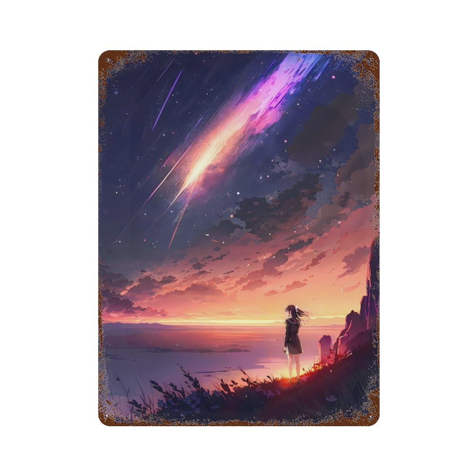 Anime Twilight Stargazing 15.7"x11.8" Aged Metal Wall Plaque, Novelty Wall Decor for Garage, Bar And Workshop Decor
