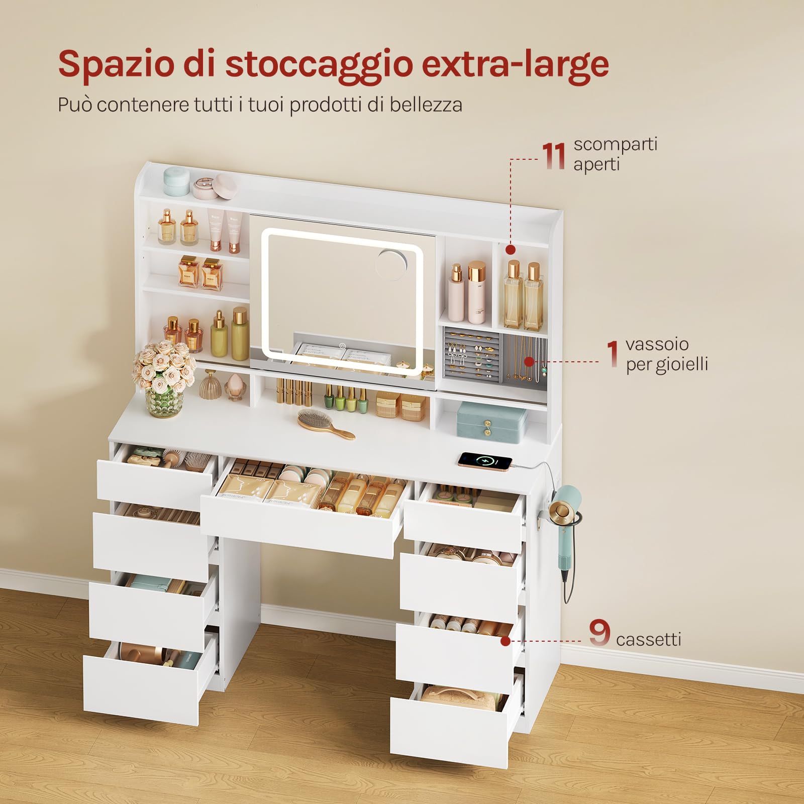 WOLTU Toeletta con Specchio Scorrevole, Luci LED Regolabili e Multipresa, Postazione Trucco con 9 Cassetti e Ripiani Portaoggetti, Grande Specchio, per Camera da Letto, Bianco