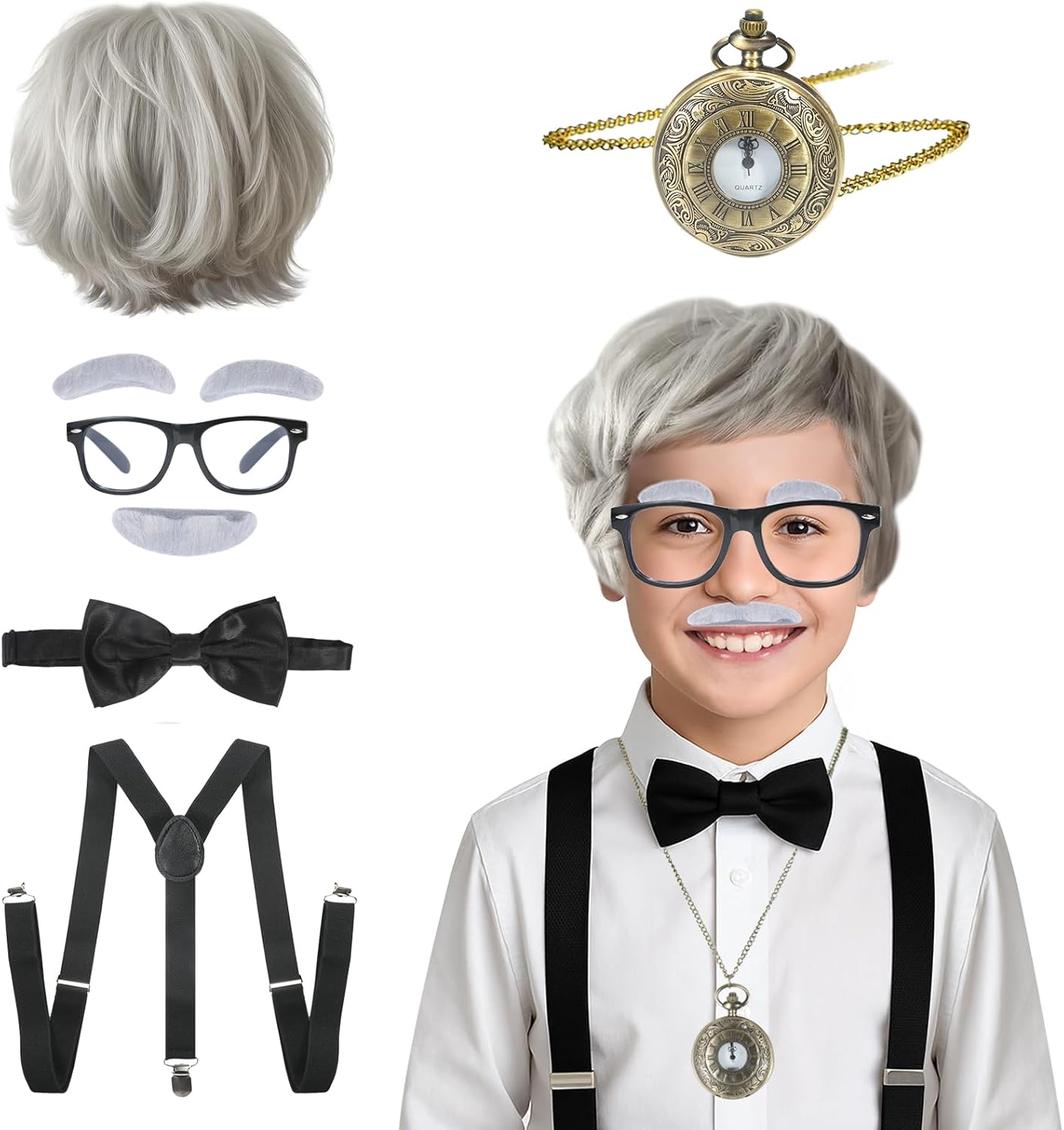 TaikaoQi Old Man Costume for Kids 100 Day of School Costume for Boys – Grandpa Cosplay Accessories with Wig, Watch, Glasses, Bow Tie, Suspenders, Eyebrows & Mustache