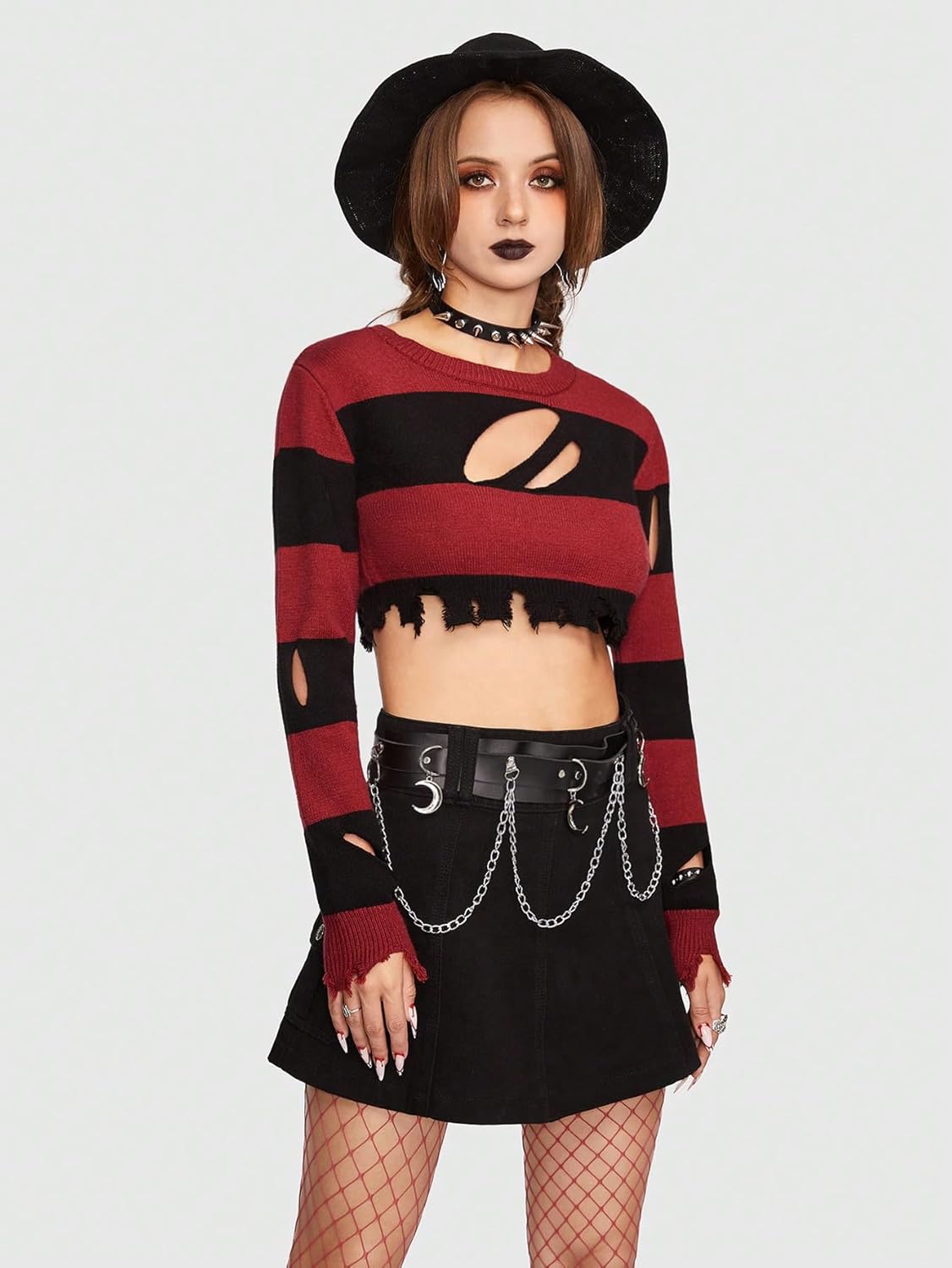 WDIRARA Women's Gothic Punk Striped Color Block Sweaters Cut Out Ripped Distressed Pullovers Knit Crop Tops - Image 3