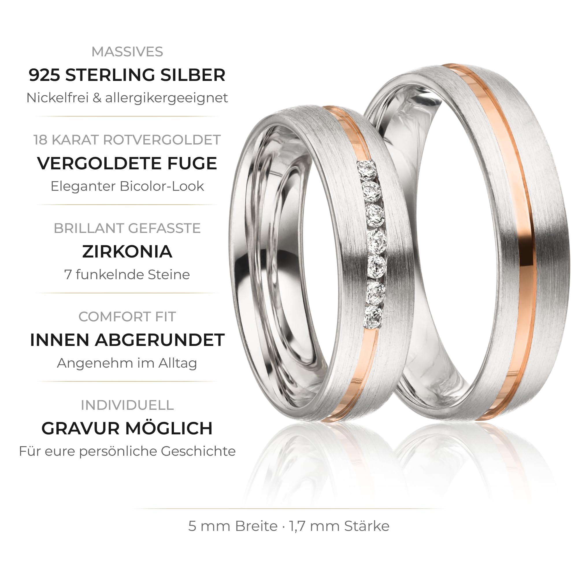 Kolibri Rings 925 Silber Rot Vergoldet | Eheringe Set Paarpreis mit 7 Zirkonia Steine | Partnerringe Längsmatt | Made in Germany + Gratis Gravur & Etui