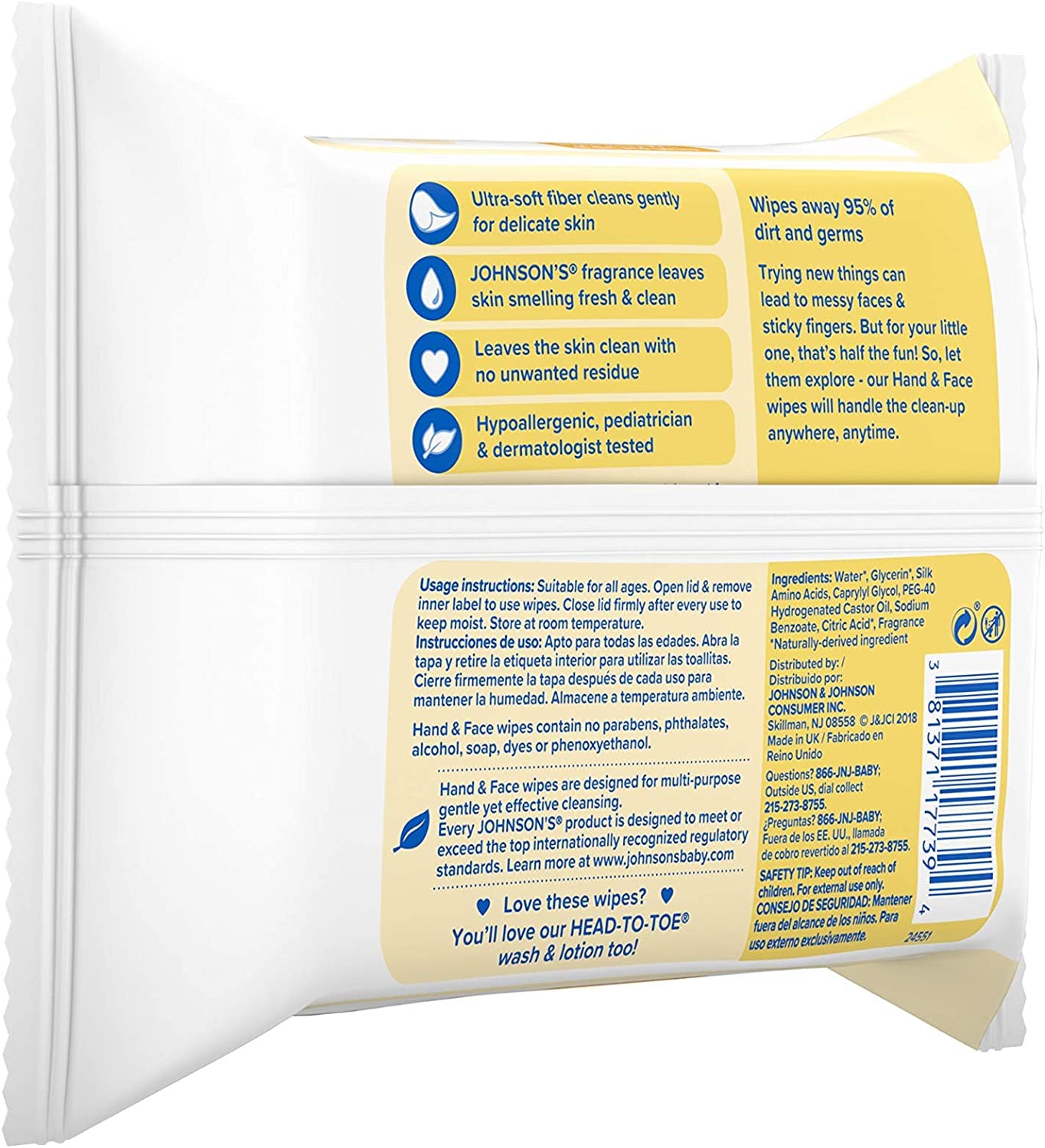 Johnson's Hand & Face Baby Sanitizing Cleansing Wipes for Travel and On-the-Go, No More Tears Formula, Paraben and Alcohol Free, 25 ct (Pack of 12)