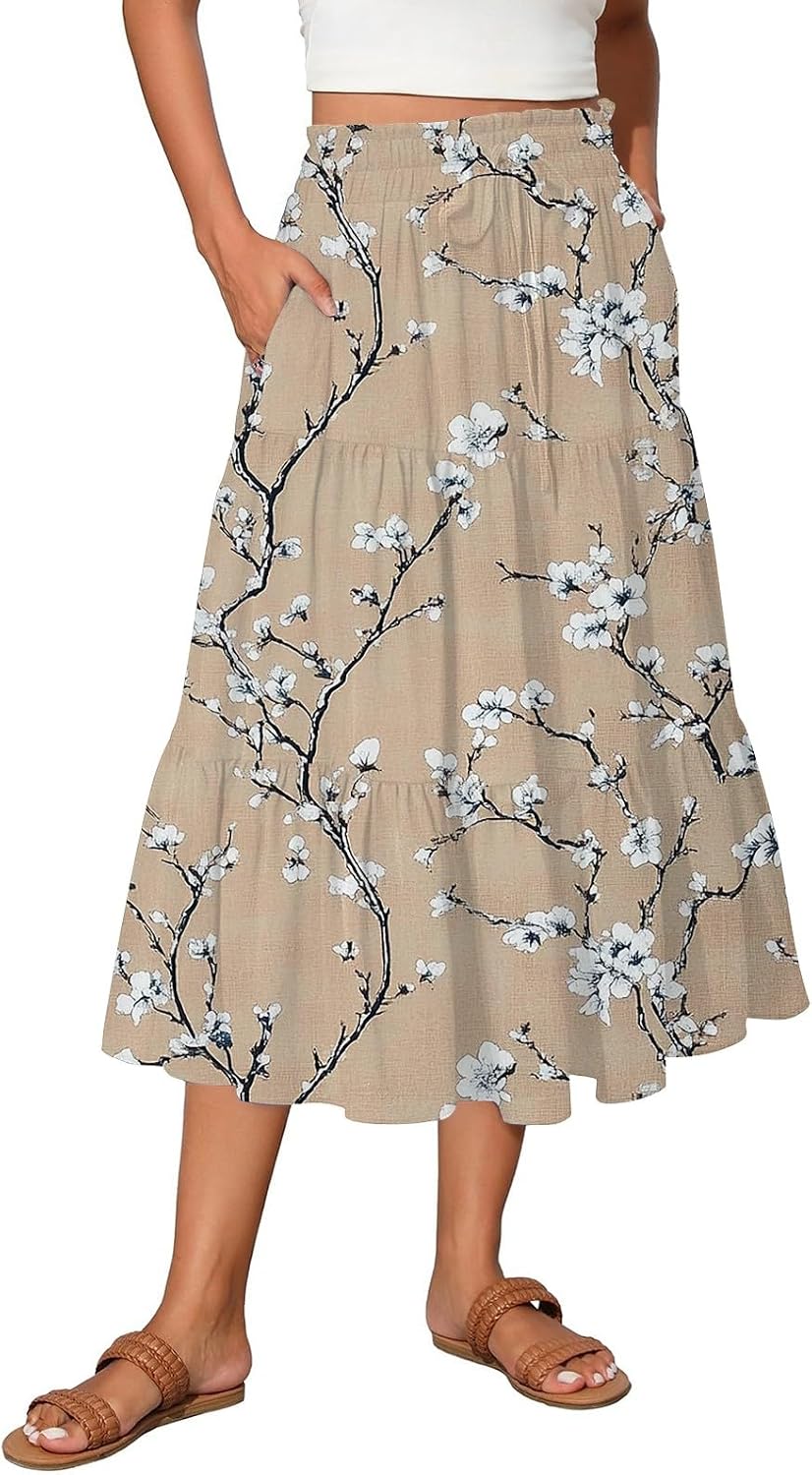 COTECRAM Boho Skirts for Women 2025 Trendy Summer Flowy Swing Tiered A-Line Floral Skirt Casual Pleated Long Beach Dress