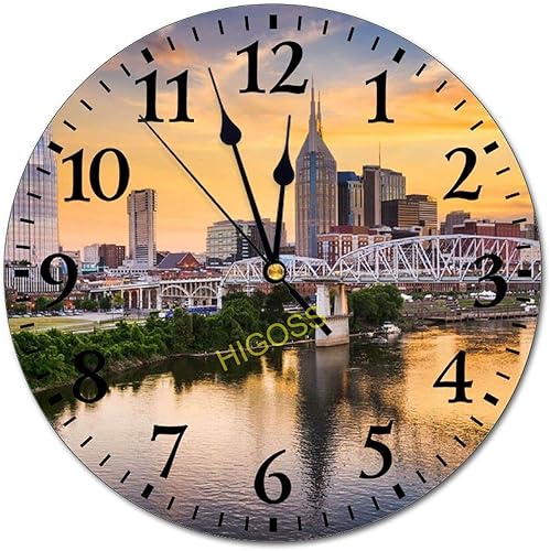 Higoss Nashville Tennessee-27 Reloj de pared redondo silencioso sin tictac decoración del hogar, reloj de pared redondo, fácil de leer para el