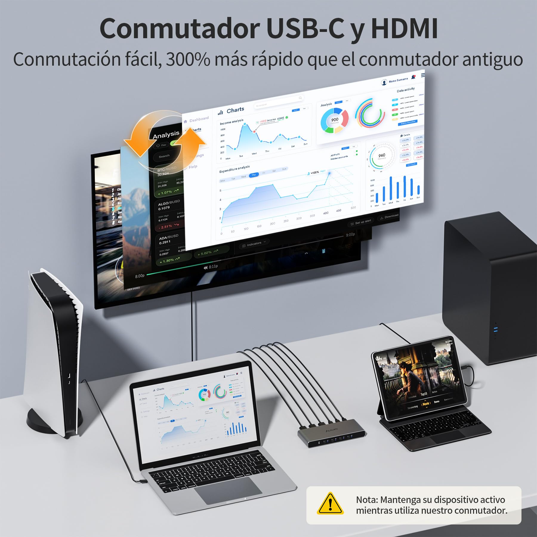 Alxum Switch KVM para 2 PC y 2 monitores, 2 entradas DP y 2 salidas HDMI | 4 USB 3.0, 4K@60Hz, compatible con teclado, ratón, audio, almacenamiento, incluye 2 cables USB-B y fuente de alimentación