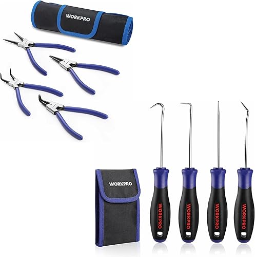 WORKPRO Juego de 4 alicates de anillo a presión y juego de 4 piezas de púas y ganchos de precisión