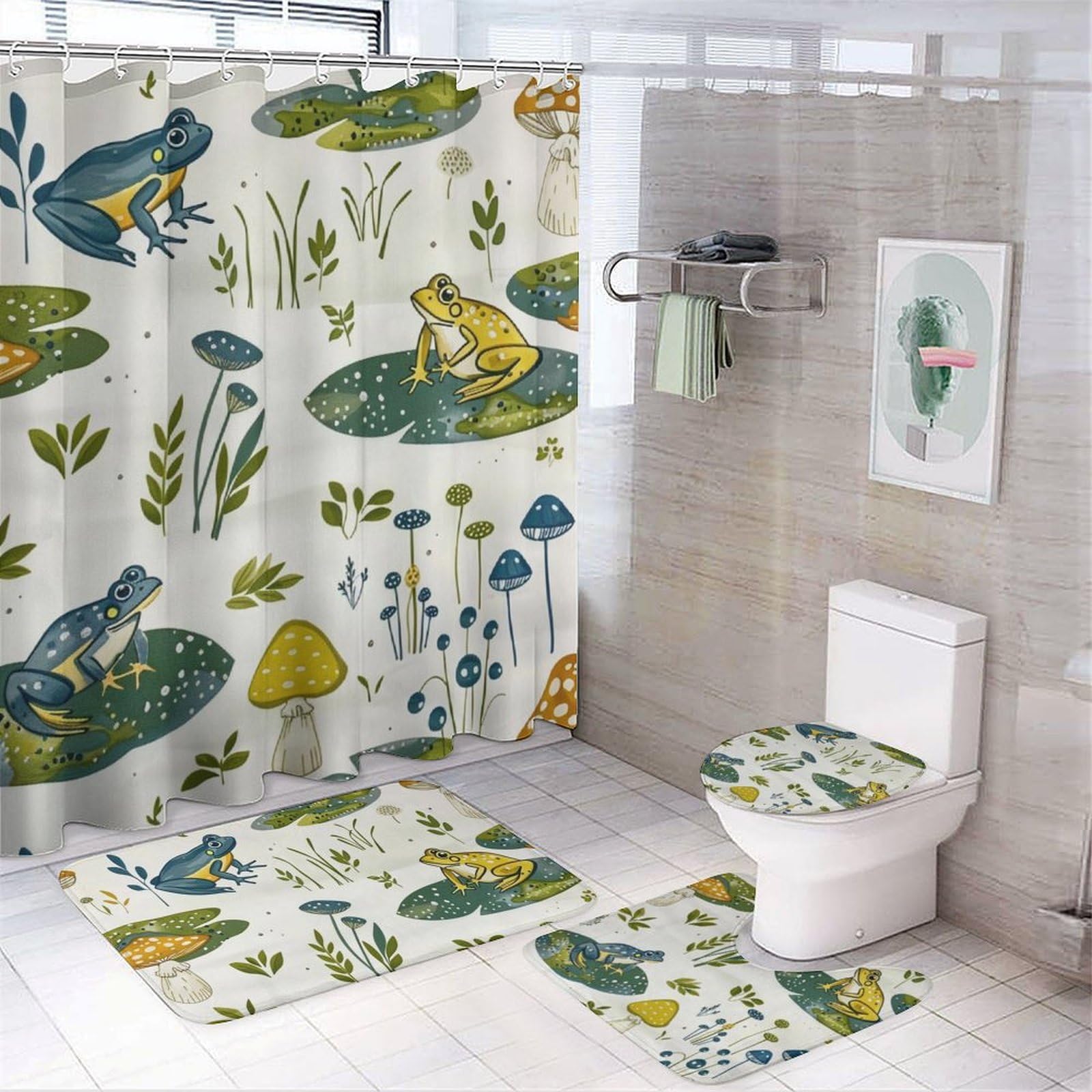 TIKRBMLB Garden Mushroom Frog Bathroom Decor Set - Shower Curtain, Mat, Lid Cover & Hooks