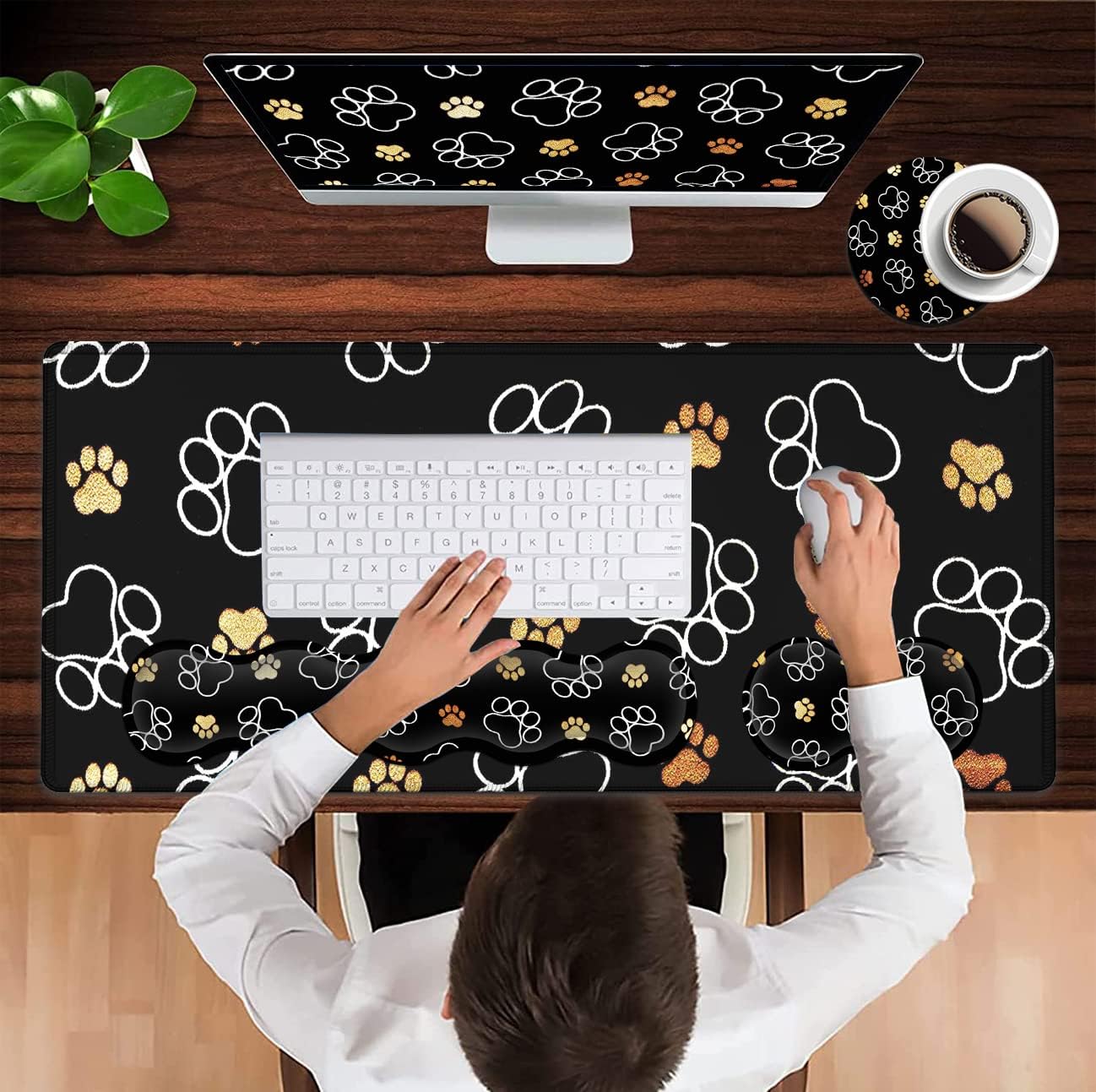 Gaming Mouse Pad XXL Large Desk Mat Non-Slip Rubber Mice Pads Stitched Edges(31.5x11.8 in) Ergonomic Premium Memory Foam Keyboard Wrist Rest and Cute Dog Paw Prints Extended Black Mouse Pad Set