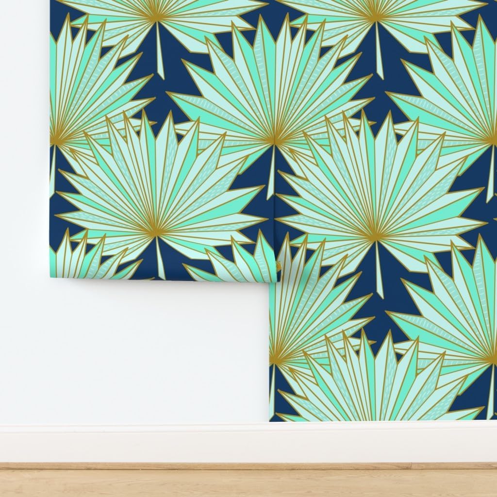 Removable Wallpaper 3ft x 2ft - Art Deco, Palm, Fan, Navy, Mint, Tropical, Geometric, Origami, Inspired, Gold, Blue, Modern, Beach, Custom Pre-Pasted Wallpaper by Spoonflower