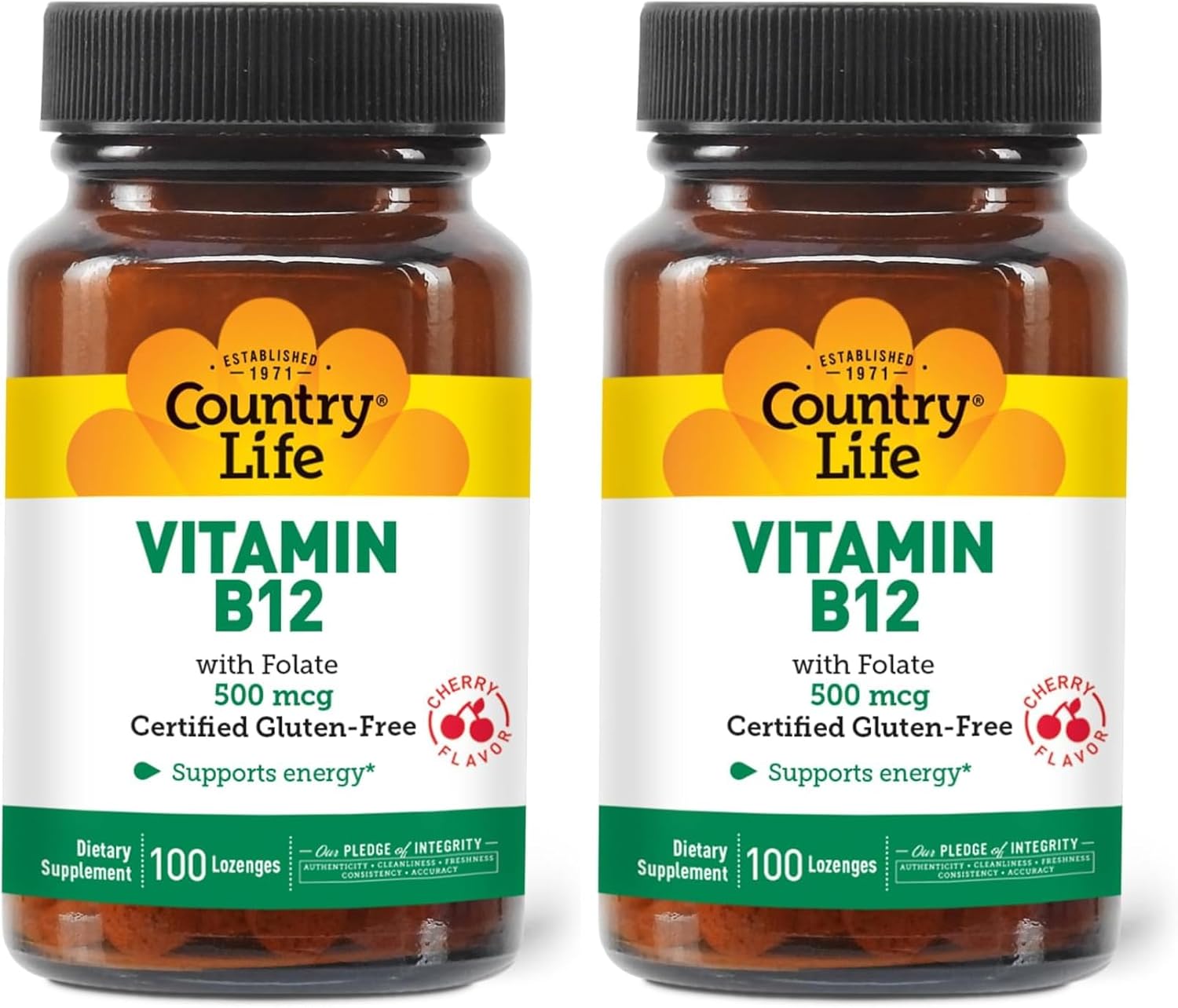 Country Life Vitamin B12 with Folate, Supports Energy & Red Blood Cell Production, 500mcg, 100 Lozenges, Certified Gluten Free, Certified Vegan, Certified Halal, Non-GMO Verified (Pack of 2)