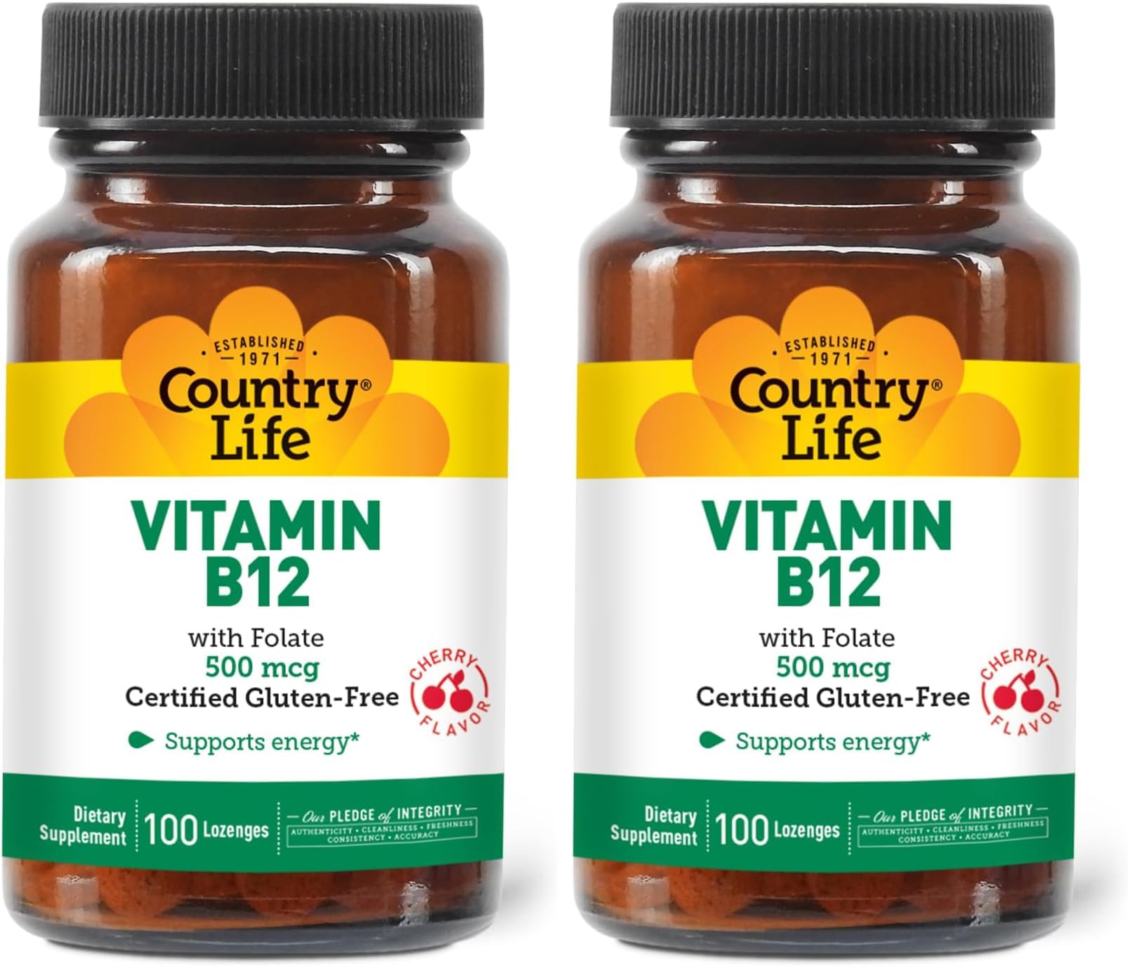 Country Life Vitamin B12 with Folate, Supports Energy & Red Blood Cell Production, 500mcg, 100 Lozenges, Certified Gluten Free, Certified Vegan, Certified Halal, Non-GMO Verified (Pack of 2) 100 Count (Pack of 2)