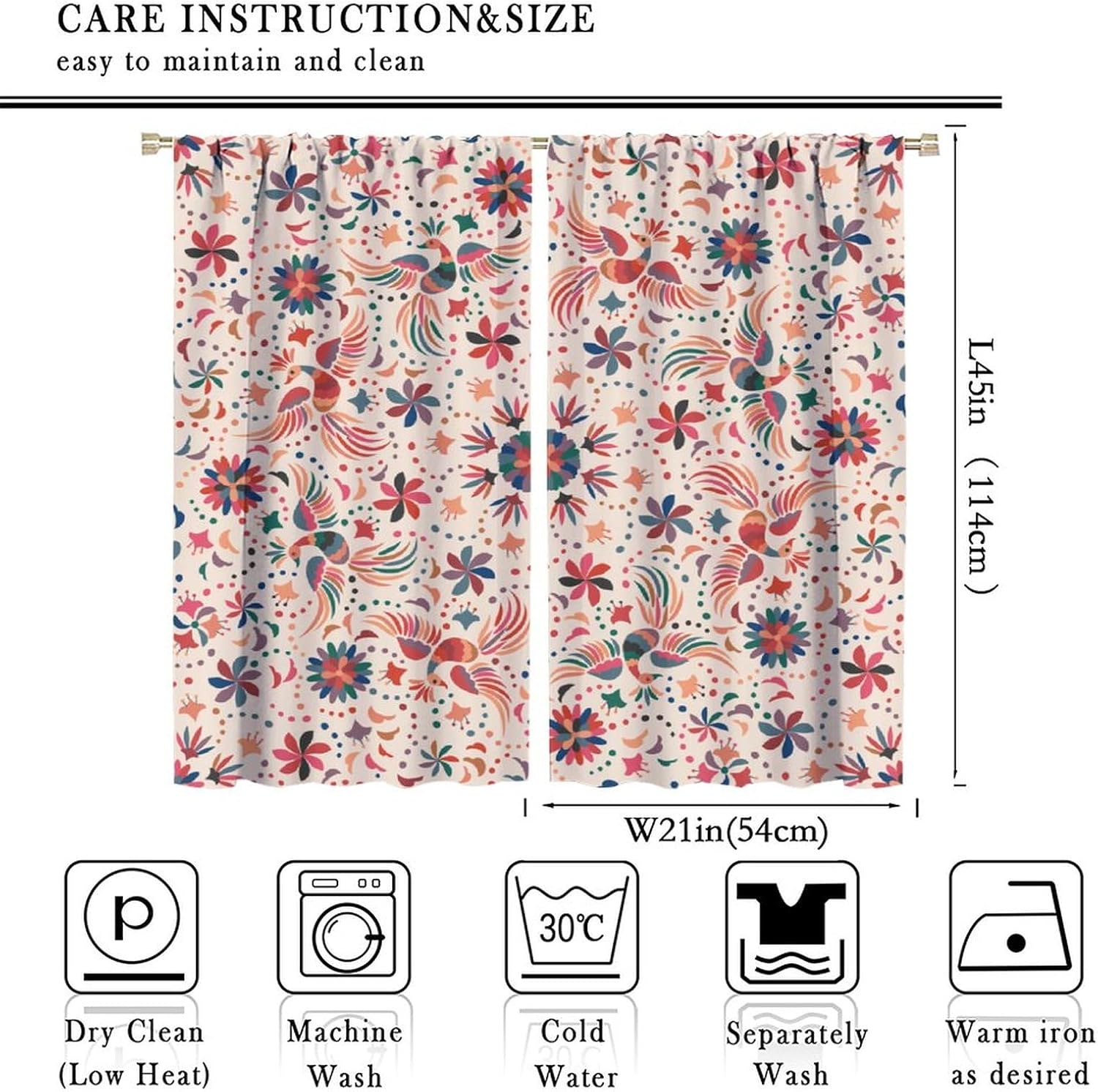 Beige Mexican Curtains, Boho Style Ethnic Flower Bird Print Blackout Window Drapes, Retro Colorful Fabric Thermal Insulation Window Treatments for Living Room Bedroom Kitchen 42x45 Inch
