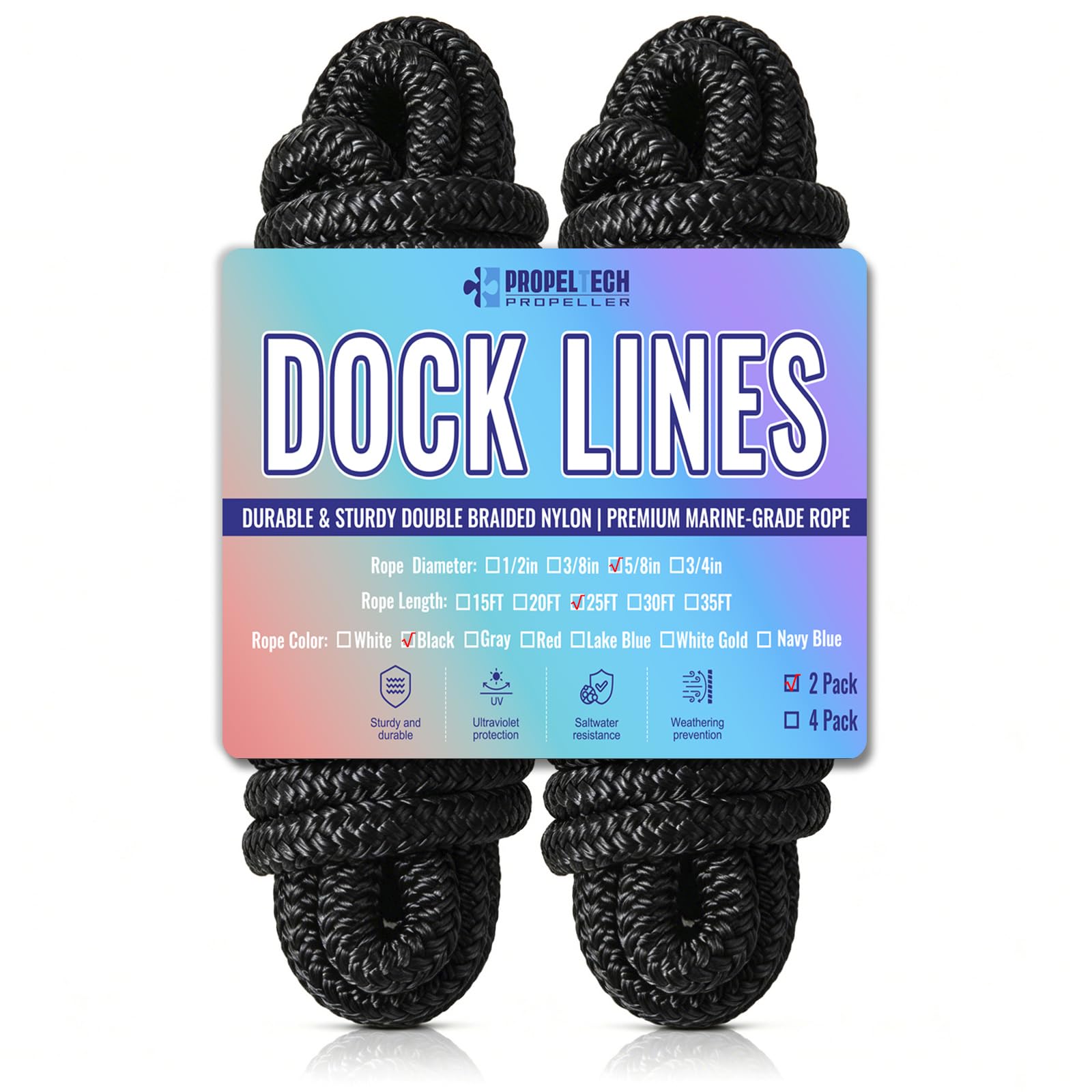 2 Pack 5/8" x 25' Dock Lines, Improved Nylon Boat Ropes, Black