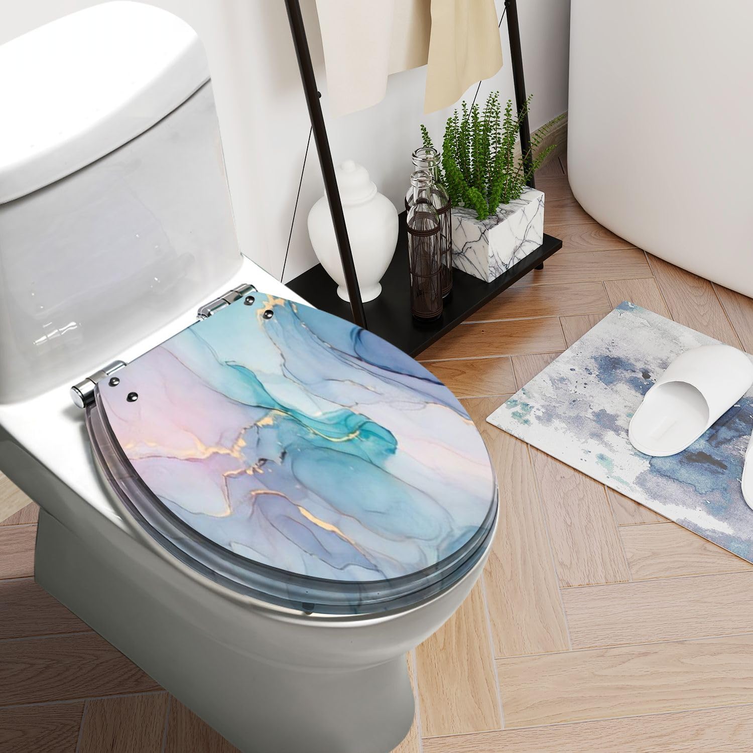 Round Toilet Seat Natural luxury abstract fluid art painting alcohol ink technique Resin Toilet Seat Quietly Slow Close with Quick-Release Hinges Toilet Seat with Cover Easy to Clean Install