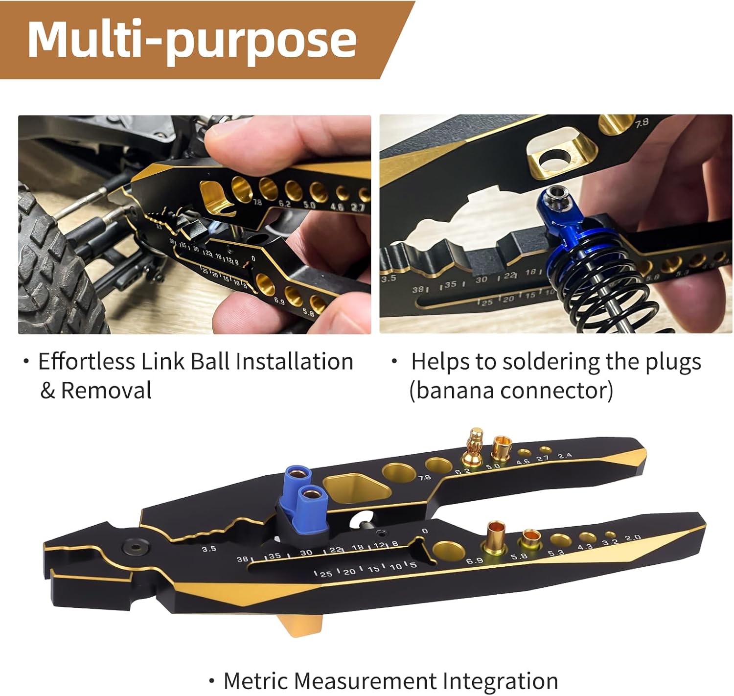 AllinRC RC Shock Pliers Multifunction Shocks Tools Rod Ball Clamp RC Shock Shaft Pliers for Traxxas Arrma Axial Redcat Hpi Cars Trucks Crawler Buggy On/Off Road (Black gold)