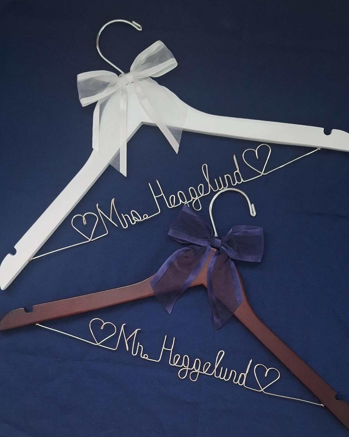 Wedding Hanger for Bride Dress Groom Suit - Custom Personalized Name or Add Date White or Dark Wood Hanger with Notches - Silver or Gold Wire Writing - 9 Bow Colors - Shower Judge Doctor Gift