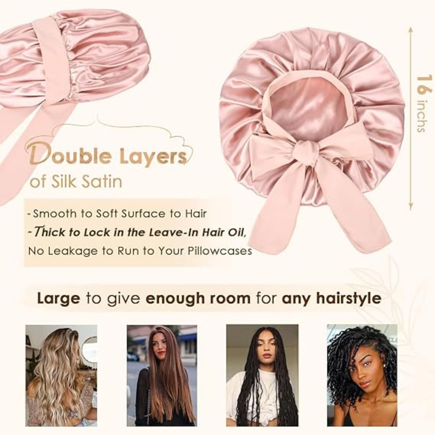 Candibella Silk Bonnet With 3 Scrunchies, Adjustable Hair Cap for Sleeping, Satin Bonnet for Curly Hair With Soft Jersey Fabric Tie Band (Alpha, Free Size, Rose Taupe) - Image 2 thumbnail