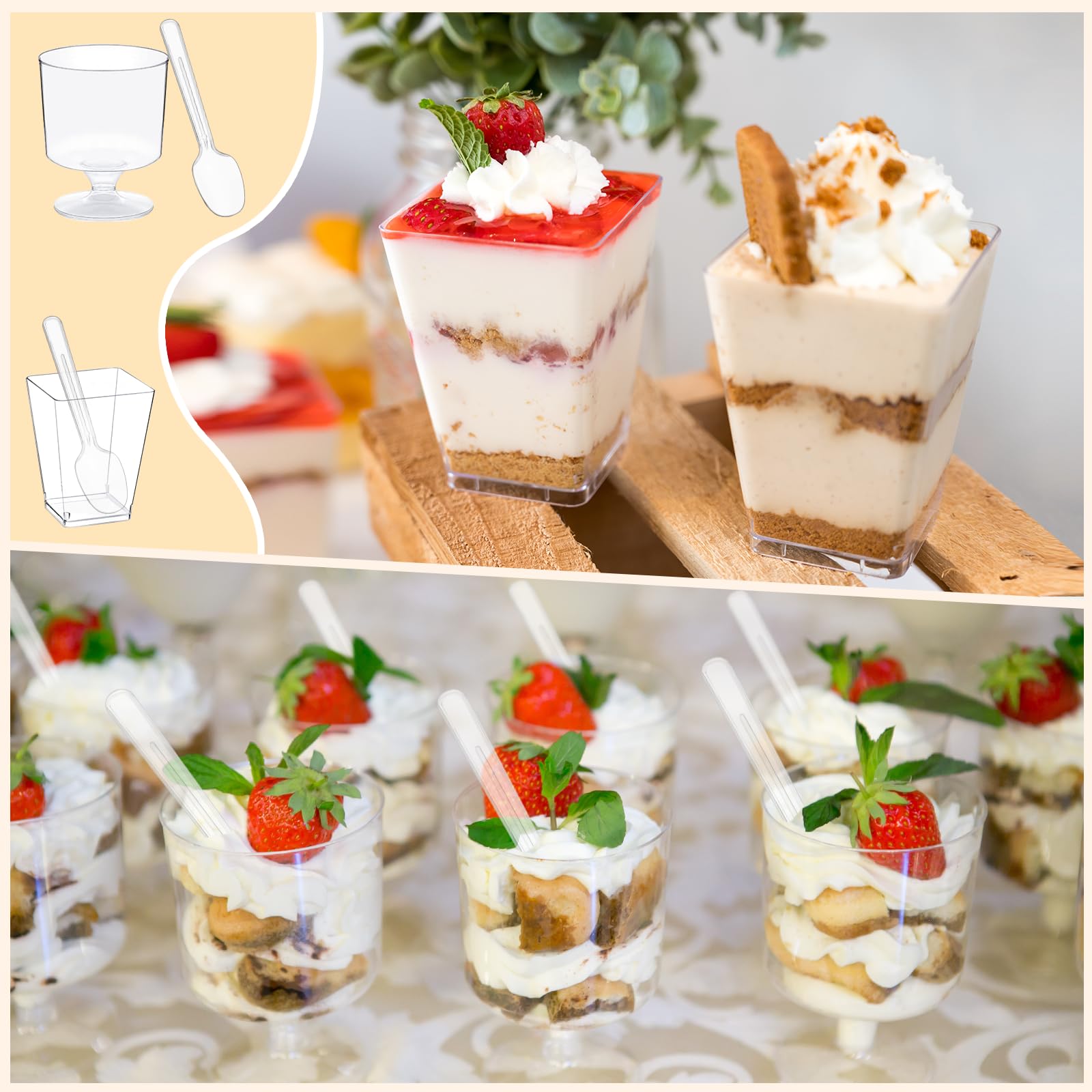 320-Pack Dessert Cups with Spoons 5 oz Mini Plastic Dessert Cups for Party Yogurt Parfait Jello Fruit Appetizer Cocktail Small Clear Reusable Square and Round Goblet-Shaped Dessert Bowls Shot Glasses