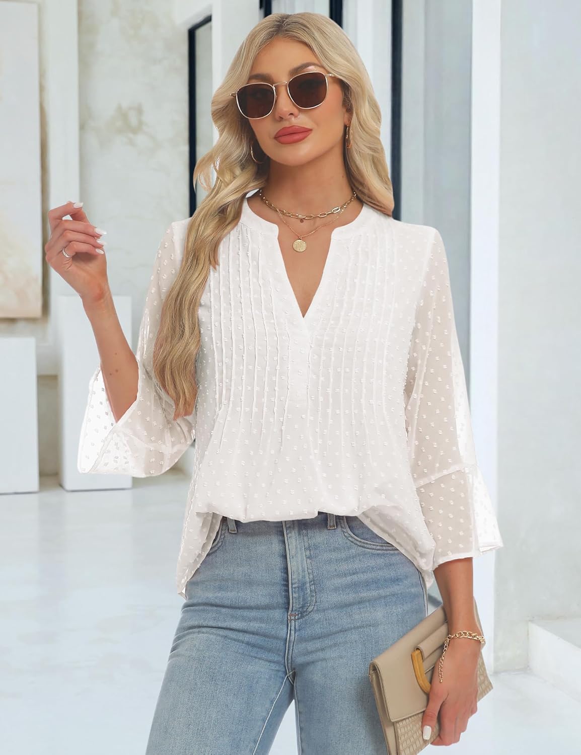 AIMCOO Blouses for Women Dressy Casual 3/4 Sleeve Tops for Women Swiss Dot Double Layered Chiffon Work Tunic Shirts - Image 3