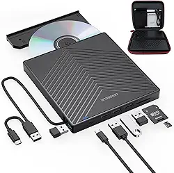 Unidade de CD de DVD externa, gravador de CD ultrafino USB 3,0 com 4 portas USB e 2 ranhuras para cartões TF/SD, unidade de disco ótico para computador portátil Mac PC