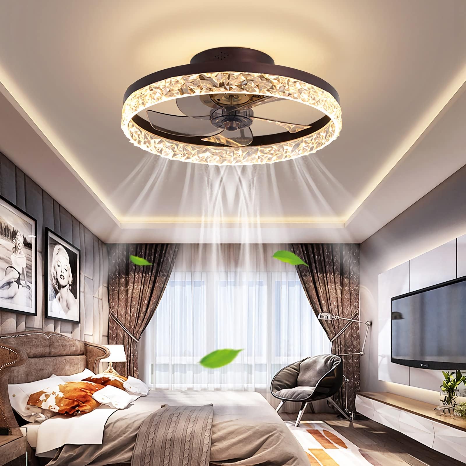 YUNZI 19.7" Ceiling Fan with Light and Remote Control, Indoor LED 30W Dimmable Ceiling Lamp Modern Low Profile Ceiling Fans for Living Room Bedroom Lighting, 6 Speeds, Dimming Lights, Brown