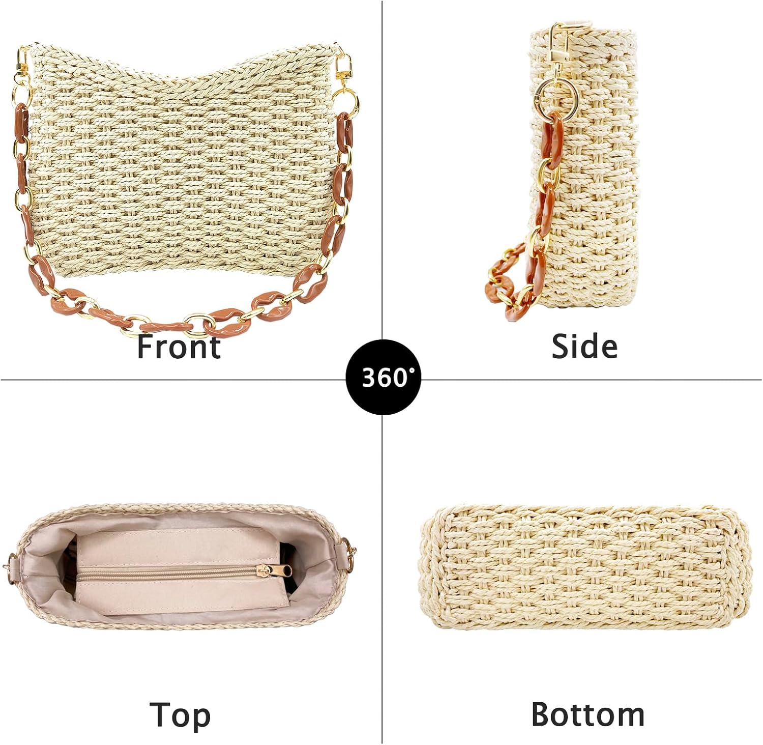 Small Straw Handbags for Women Crossbody Pocketbooks Woven Shoulder Purses Beach Tote Bag for Summer Vacation with Chain - Image 5