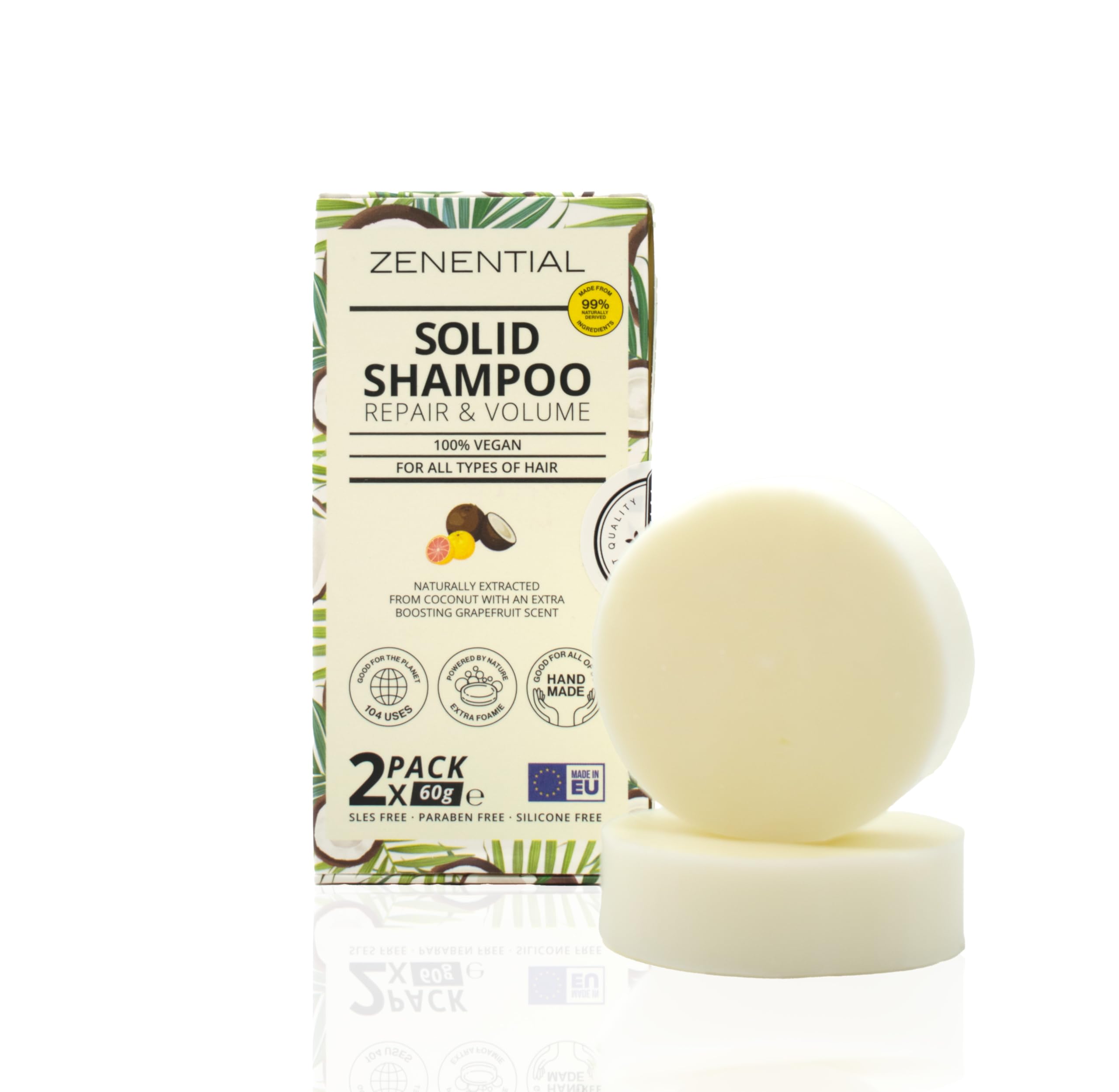 Solid Shampoo, 2 Pack 60g - Repair and Volume - For All Types of Hair - 100% Vegan and Biodegradable. Sulphate and Paraben Free - by Zenential