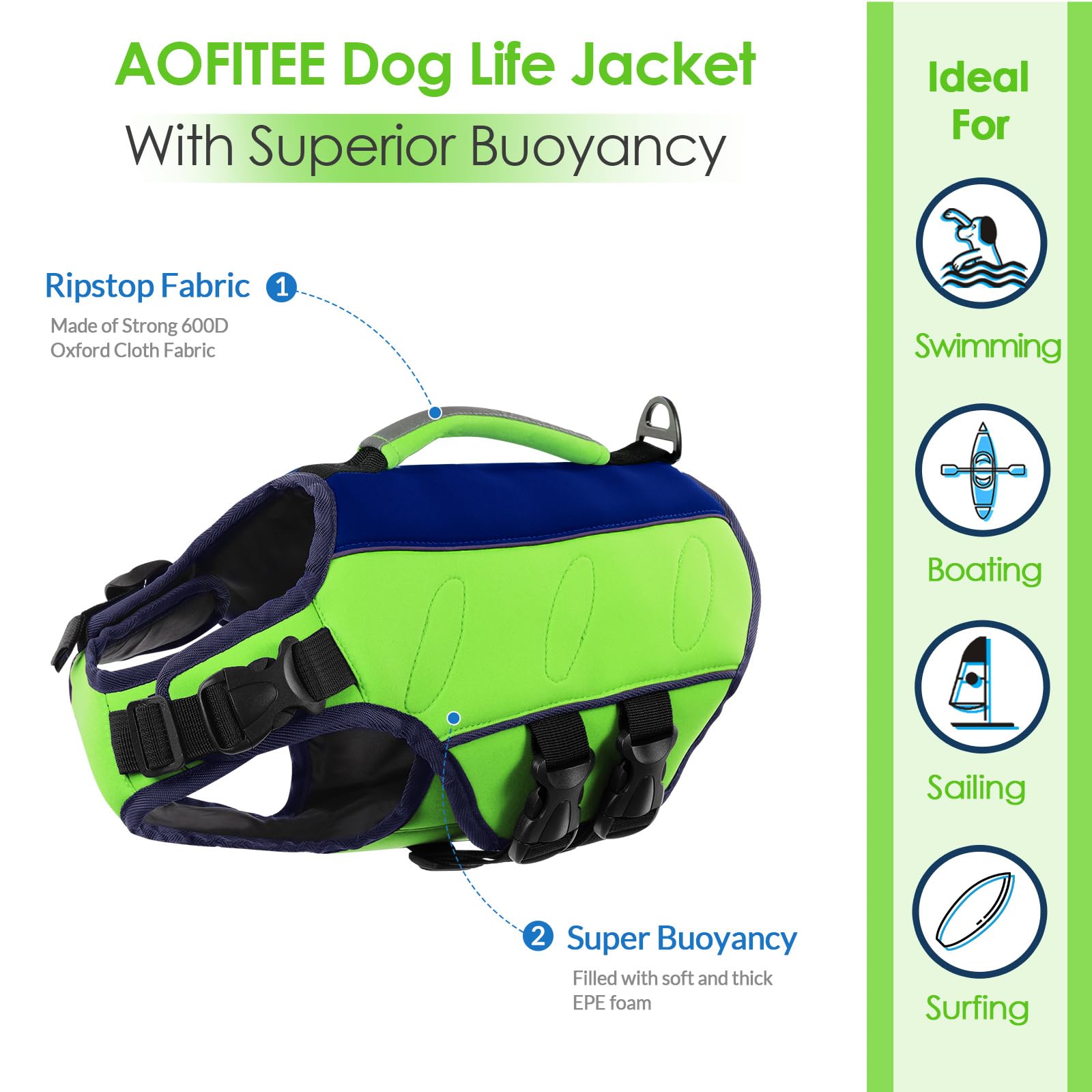 AOFITEE Ripstop Gilet de Sauvetage réfléchissant pour Chiens de Petite, Moyenne et Grande Taille - pour la Natation, la Navigation de Plaisance, Gilet de Sauvetage réglable avec poignée de Sauvetage