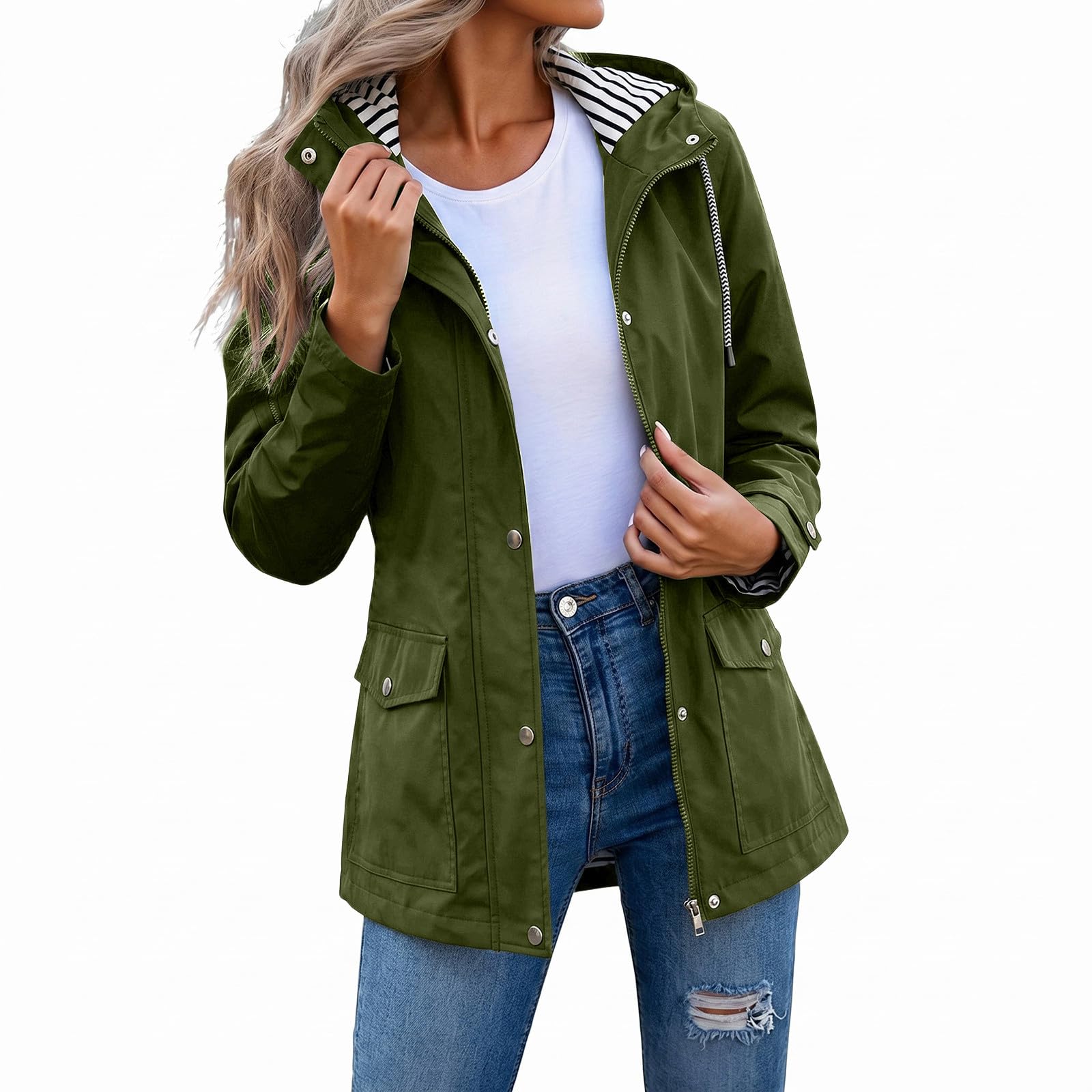 HAOLEI Veste ImperméAble Longue Pour Femme Parka Mi Saison Vestes à Capuche ZippéE Manteau De Pluie Coupe Vent Avec Poches Et Cordon Couleur Unie LéGèRe Manches Longues Blouson D'ExtéRieur Jacket