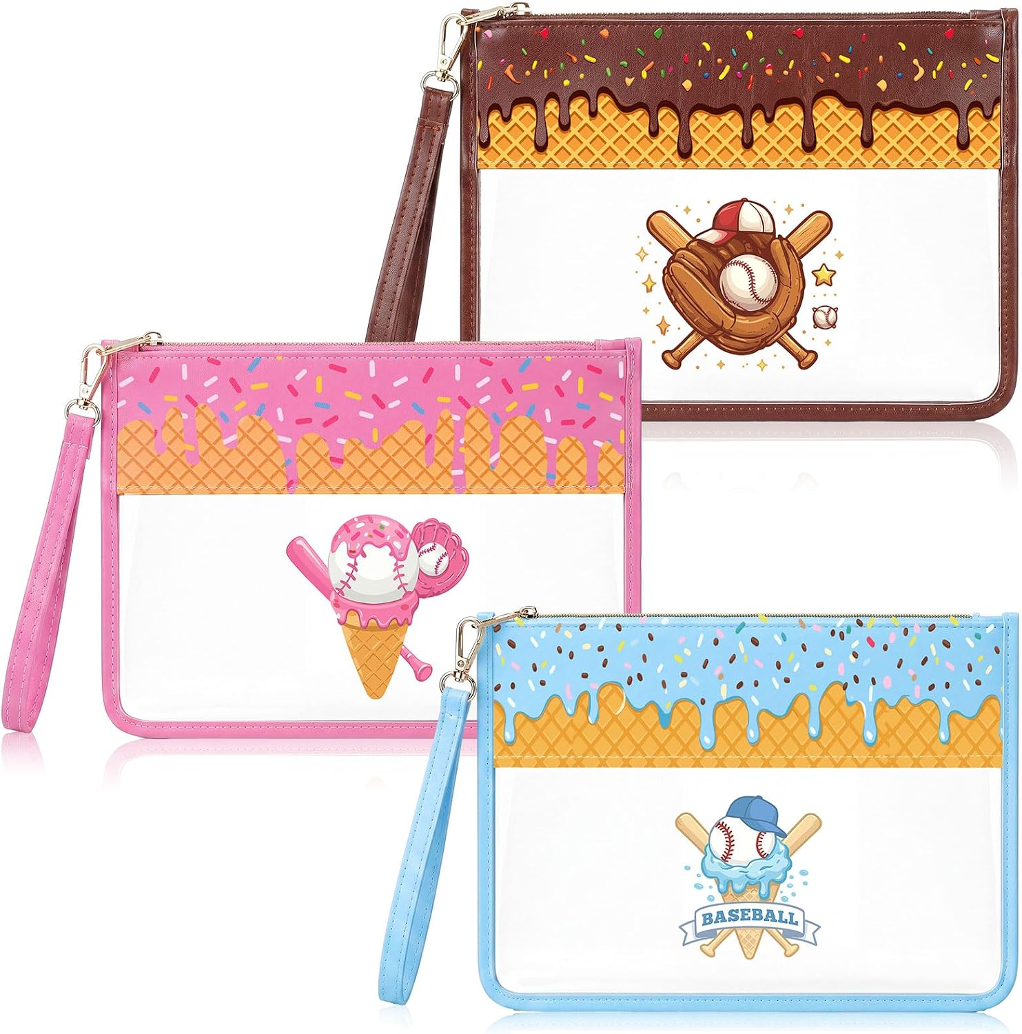 Kacctyen 3 Pcs Ice Cream Drip Baseball Cosmetic Bags Large Makeup Pouch