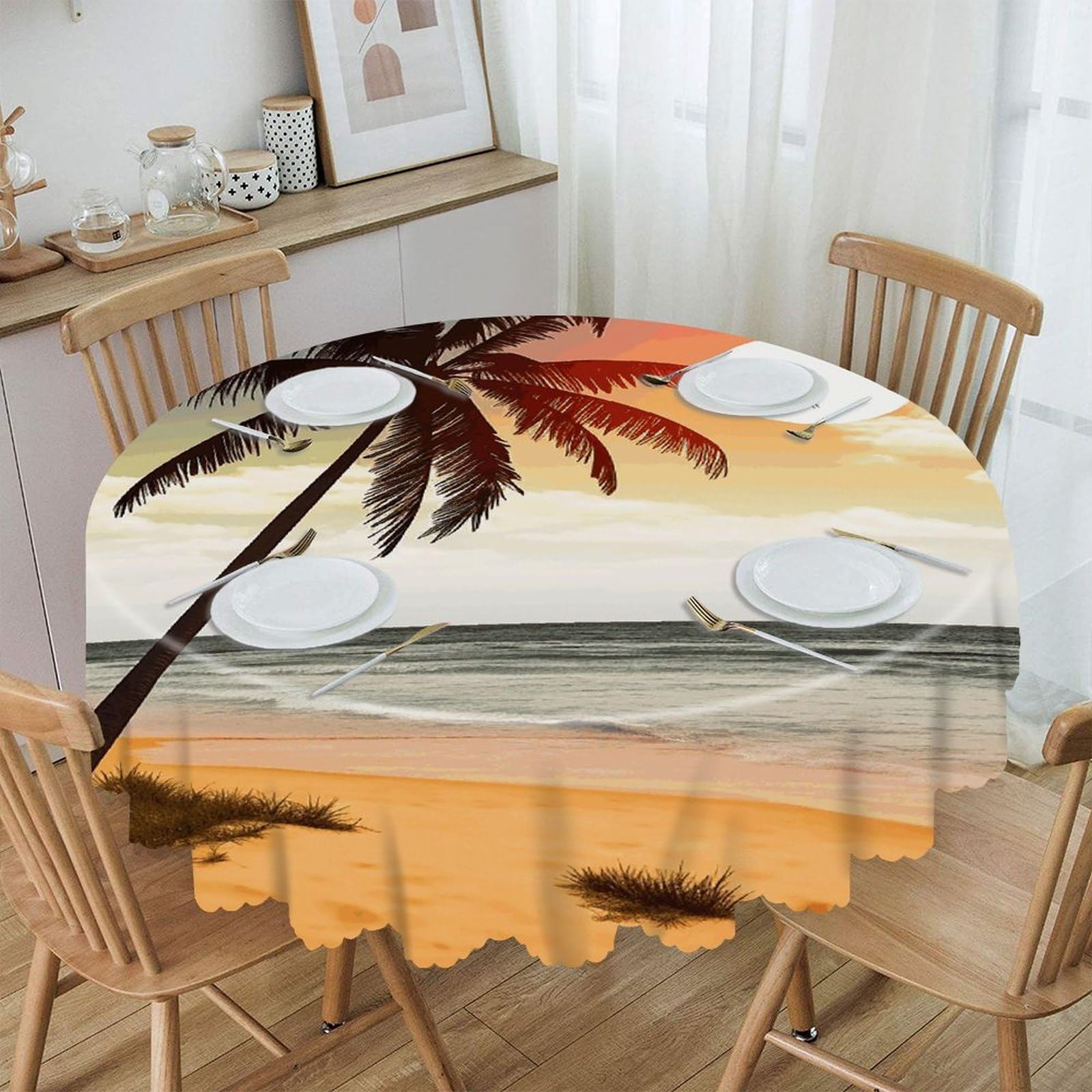 FekiLoot Palm Tree on Beach Round Tablecloths 60 Inch Resistant Washable Polyester Table Cloth Style Decorative Circle Fabric Table Cover for Dining Kitchen Party Farmhouse Outdoor