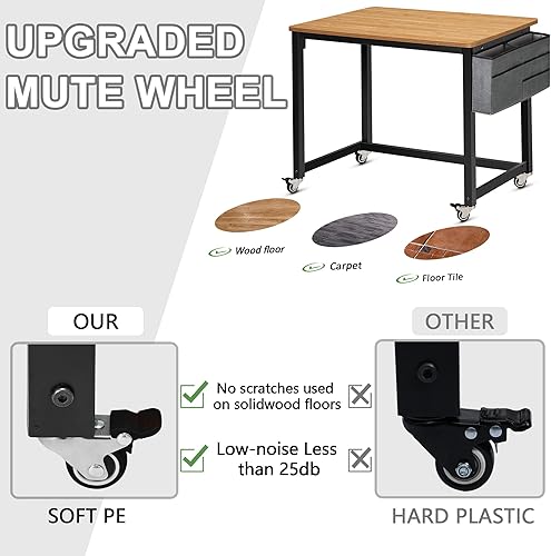 Miniatura 11 de AHB Escritorio para computadora con 4 ruedas lisas, escritorio móvil de estilo simple, mesa de estudio para oficina en casa, estación de trabajo