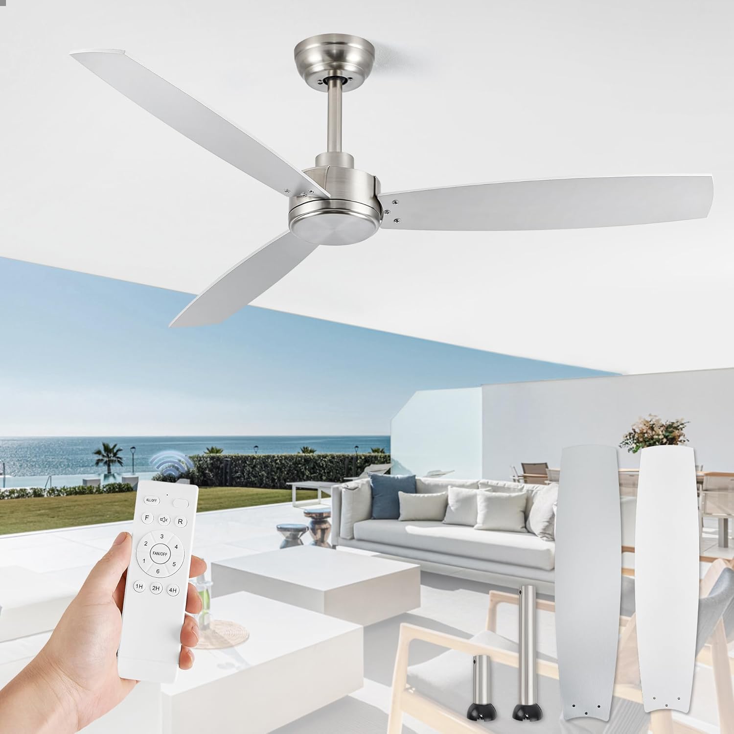 52 Inch Ceiling Fan with Remote No Light, Brushed Nickel & White Outdoor Ceiling Fans with Quiet Reversible DC Motor, 6 Speeds, 3 Blade Modern Ceiling Fan for Patio Living Room Bedroom Indoor Brushed Nickel 1