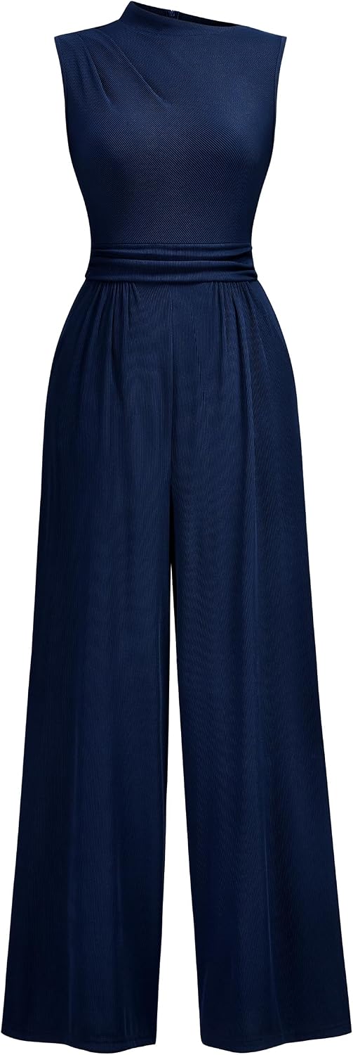 Miusol Women's Casual Sleeveless Mock Neck Ruched Wide Leg Jumpsuit Summer Formal Long Romper with Pockets