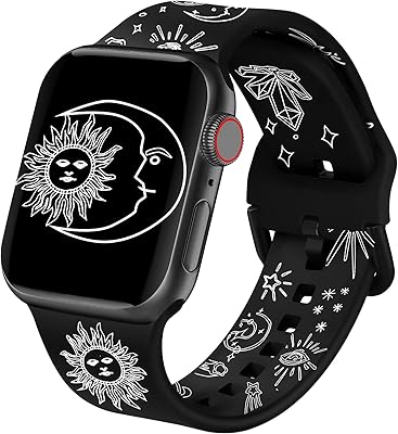 ACESTAR Double Sided Band Compatible with Apple Watch Band 38mm 40mm 41mm, Cute Soft Silicone Replacement for iWatch Series 8 7 6 5 4 3 2 1 SE, Black Vintage Sun Moon