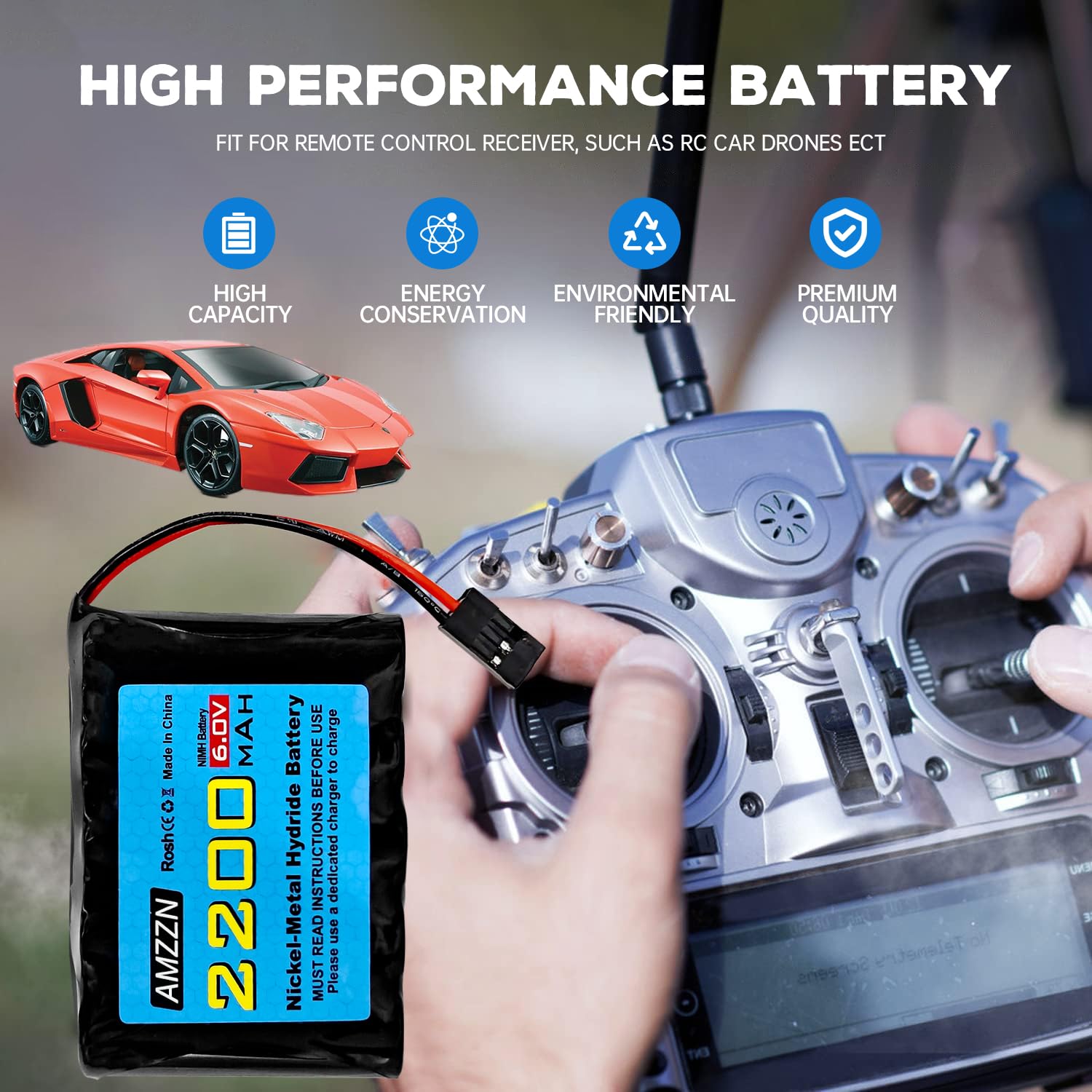 AMZZN Lot De 2 Batteries Nimh 6,0V 2200mAh AA Avec Connecteur Hitec – Rechargeable Haute Capacité Pour Voiture RC, Avion, Récepteur